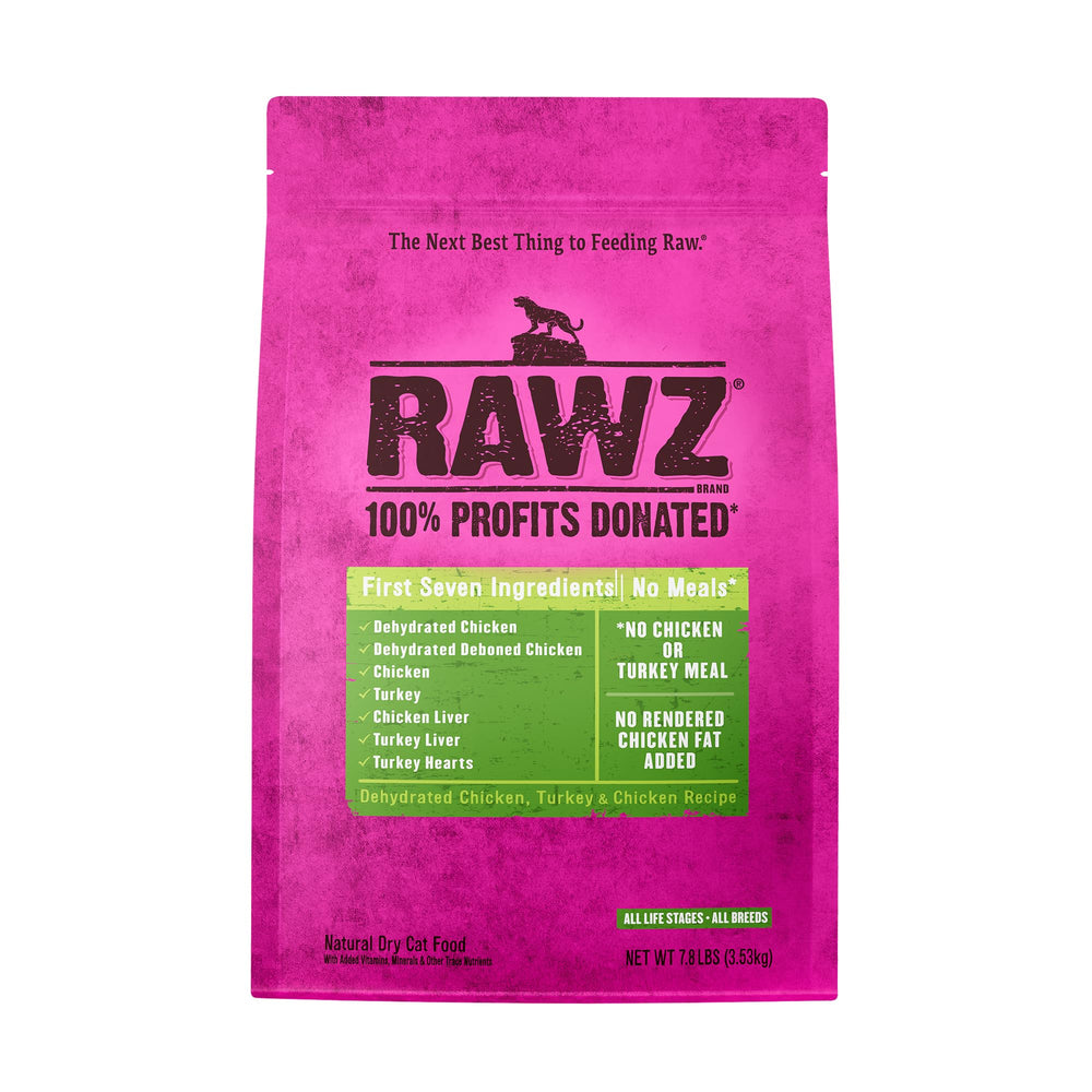 Rawz deshidratado pollo y pavo, fuente de proteína de alta calidad para gatos.