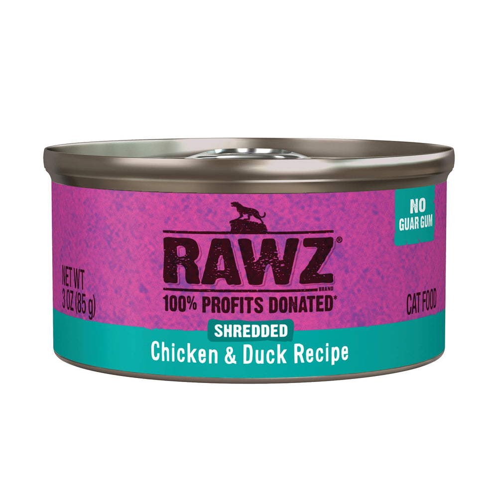 Rawz gato: comida húmeda desmenuzada pollo y pato en lata 3oz para porciones