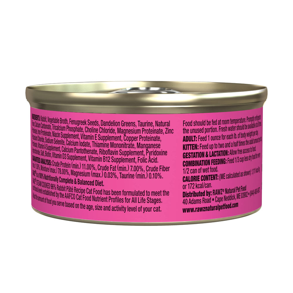 Rawz Paté conejo, textura cremosa, ideal para gatos que prefieren sabor suave.