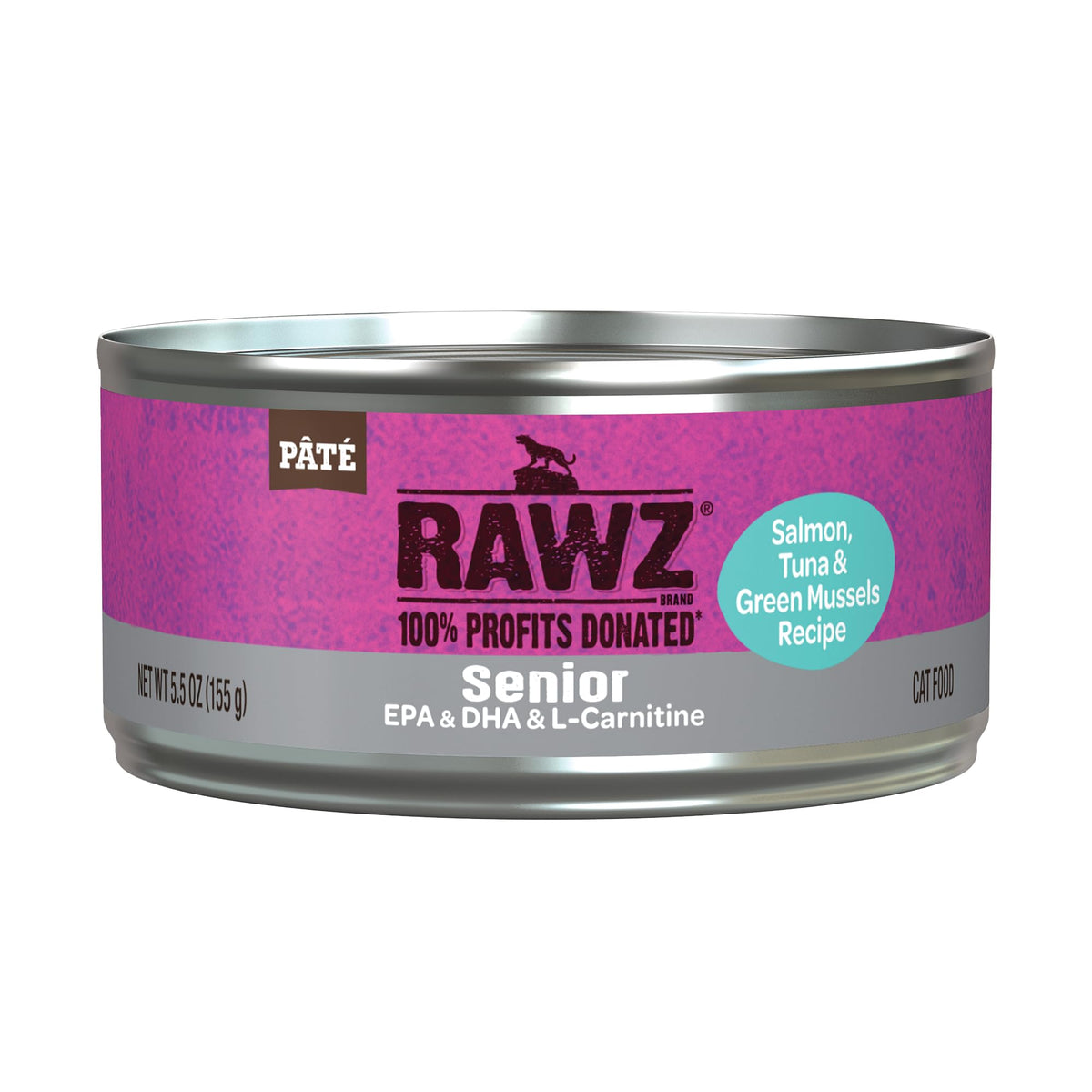 Rawz paté de salmón y almejas verdes en lata, fuente de proteína para gatos.