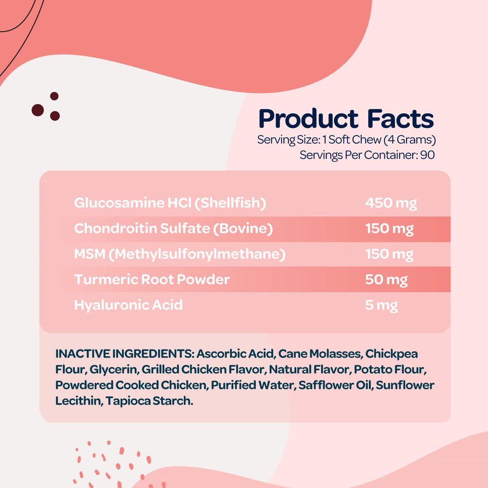 Contiene cúrcuma para sabor agradable y apoyo articular suave.