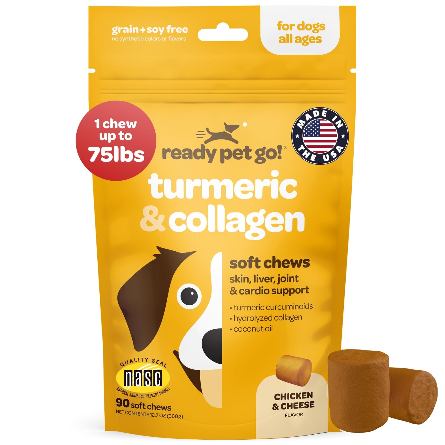 Ready Pet Go Turmeric para perros: bote de golosinas suaves que favorecen la movilidad.