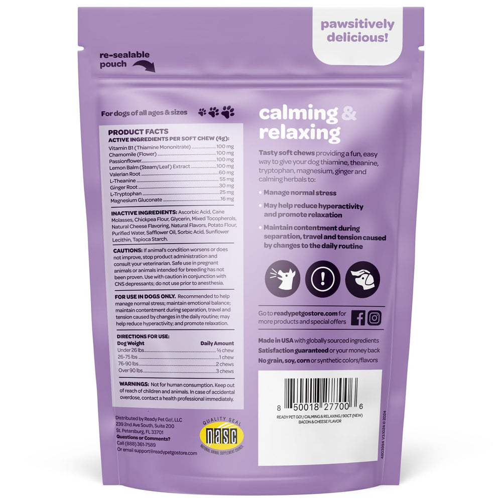 Ready Pet Go! Calming Chews, ingredientes herbales para apoyo de la calma.