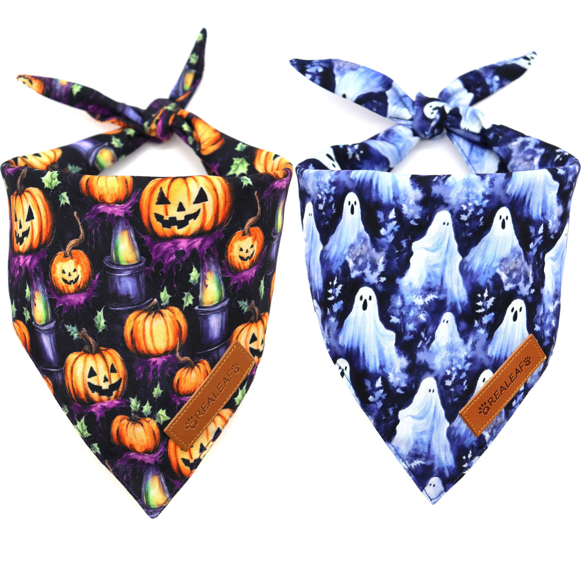 Bandana Realeaf para perro con calabazas y fantasmas, ideal para salidas festivas.