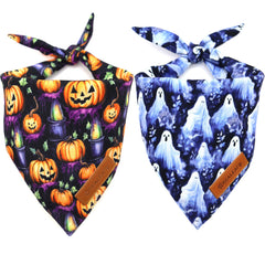 Bandana Realeaf para perro con calabazas y fantasmas, ideal para salidas festivas.