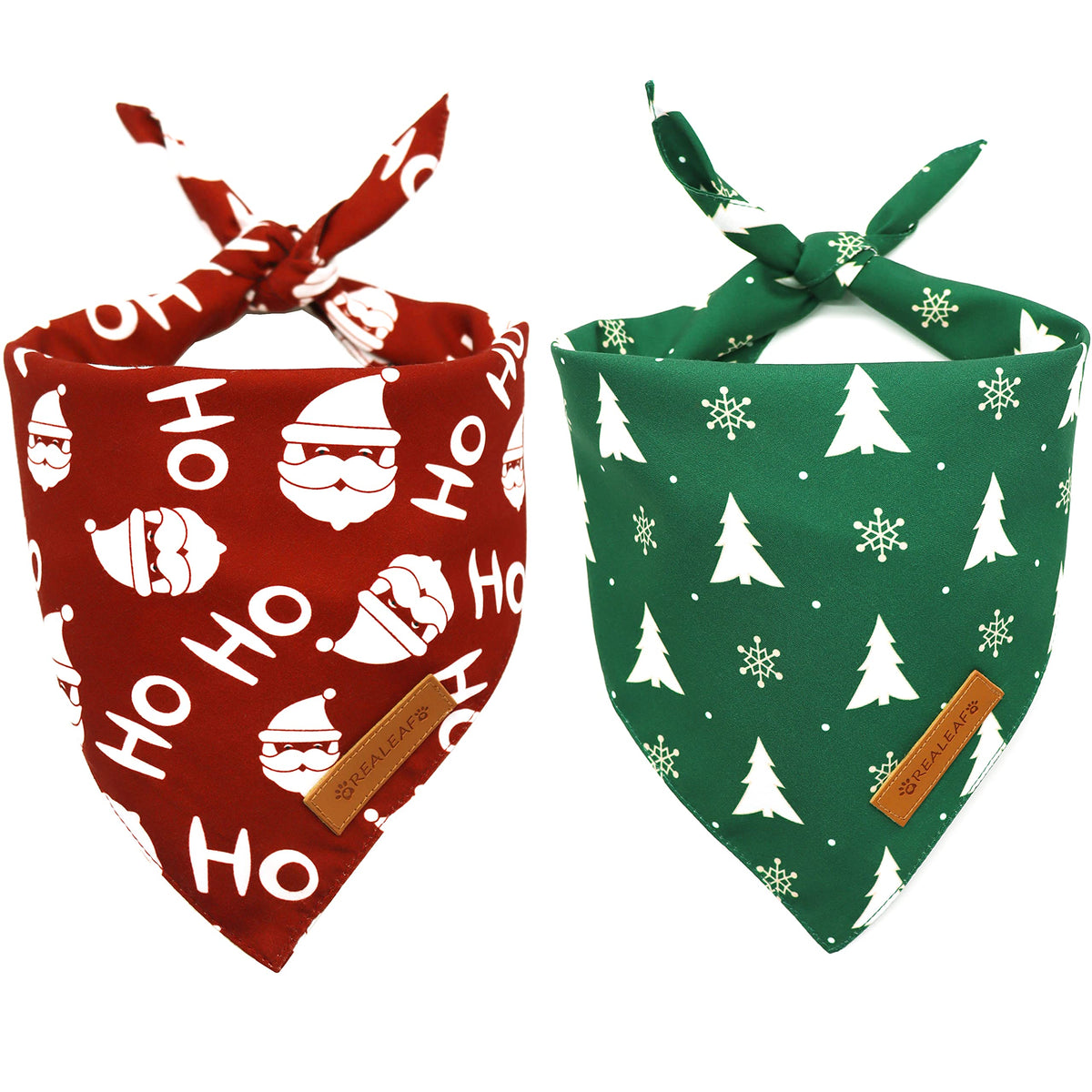 Realeaf bandanas navideñas para perros con diseño árbol y Santa Claus, ideal para fiestas.