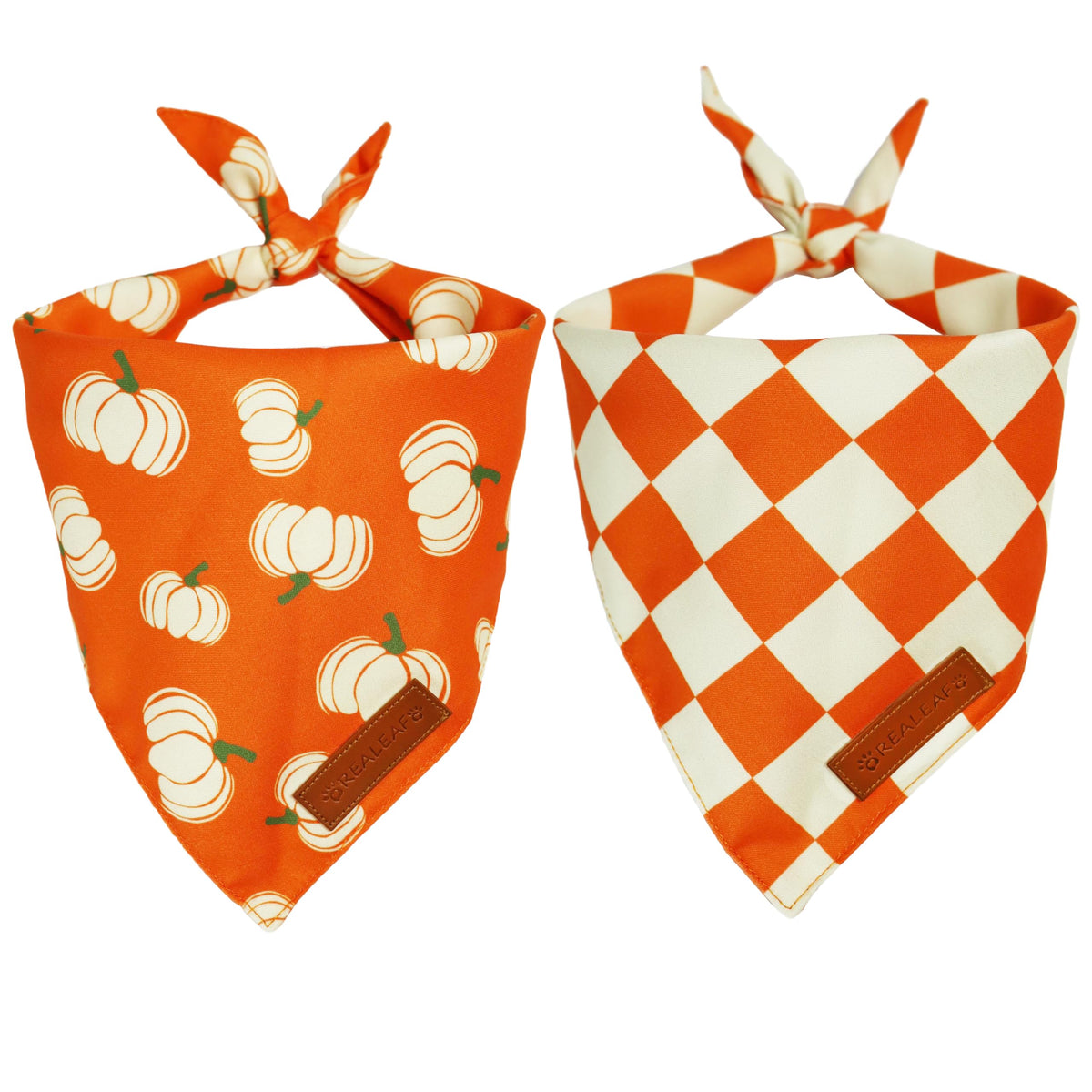 Realeaf bandana para perro con diseño otoñal de cuadros naranja, ideal para fotos.