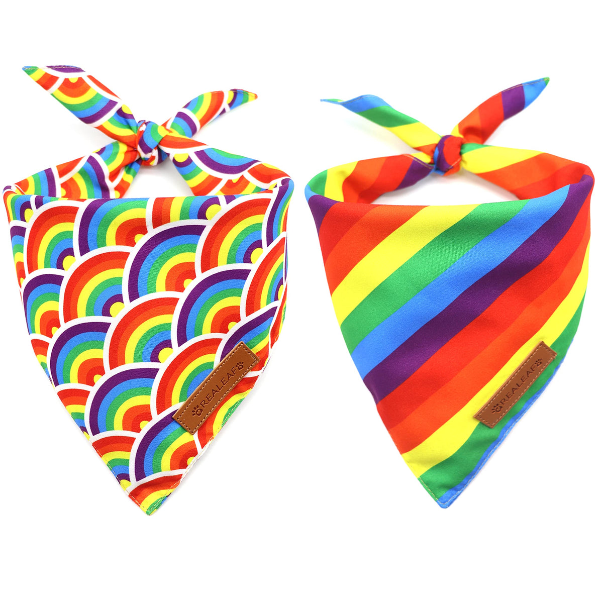 Realeaf Pride Bandana para perro frontal, ideal para paseos diarios con estilo arcoíris.