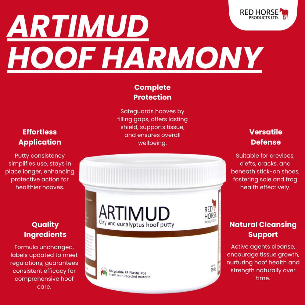 Artimud Red Horse: uso bajo herraduras adhesivas para protección duradera.