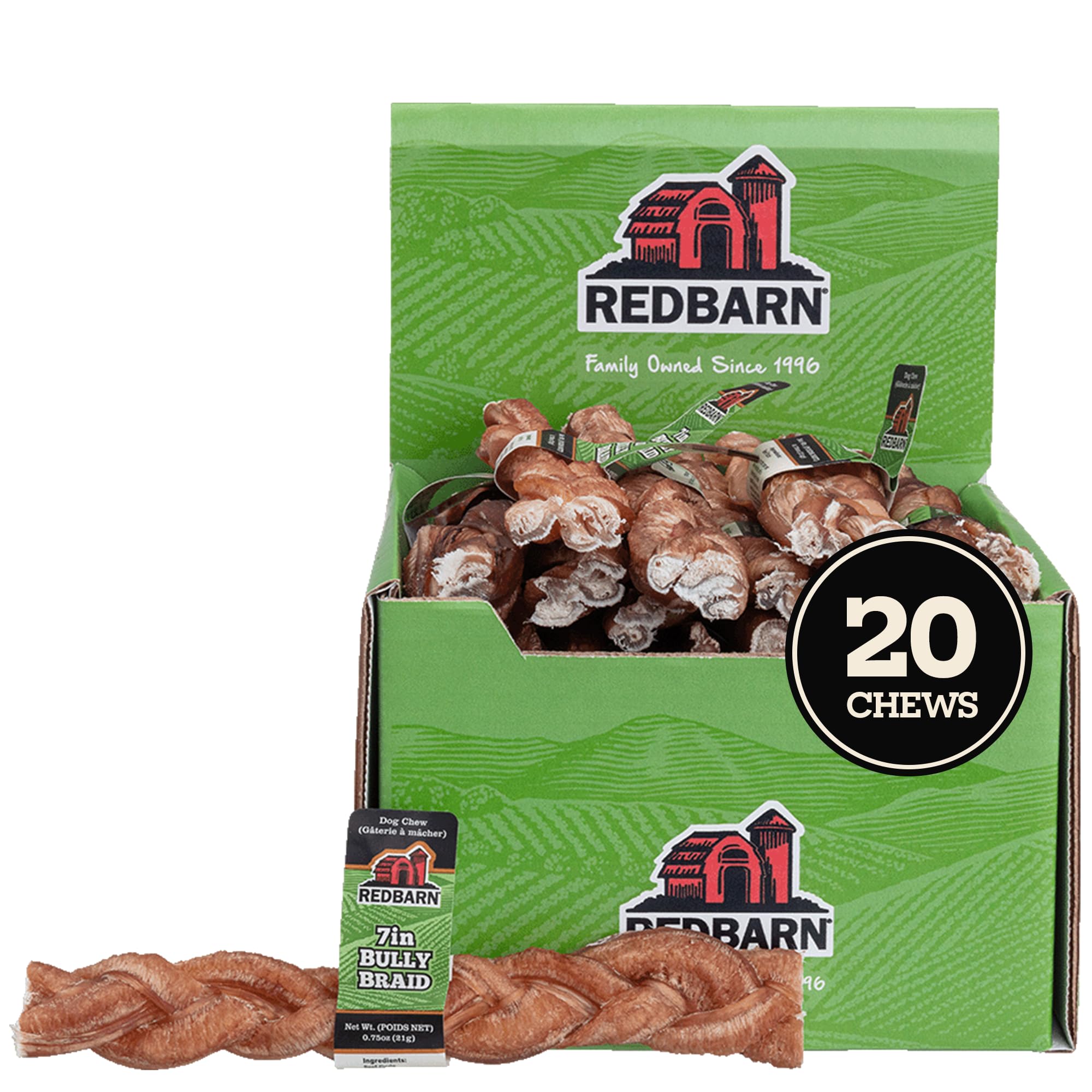 Redbarn Bully Stick trenzado de 7 pulgadas, sabor natural para perros activos.