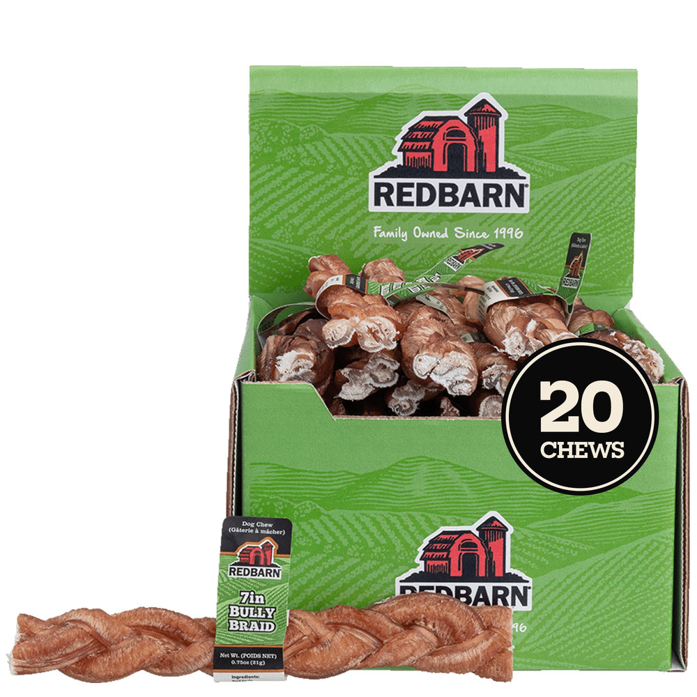 Redbarn Bully Stick trenzado de 7 pulgadas, sabor natural para perros activos.