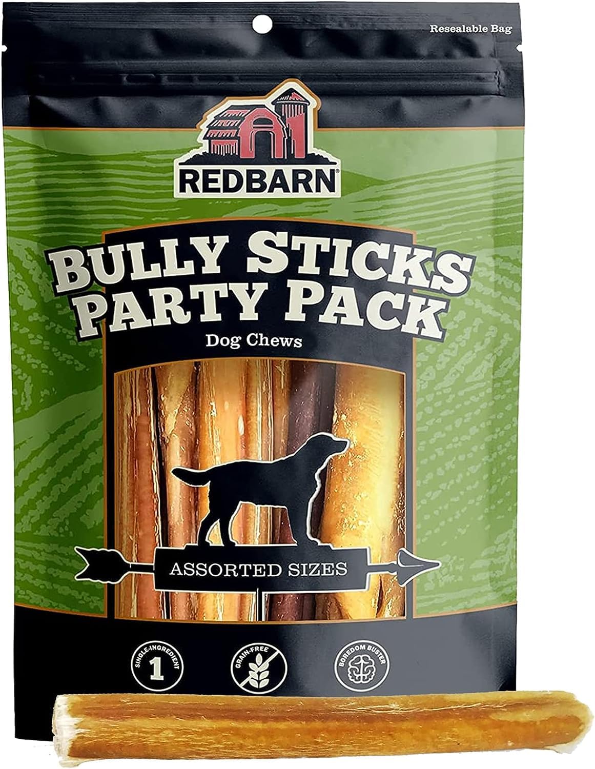 Redbarn Bully Sticks: empaque y detalle del snack natural para perros.