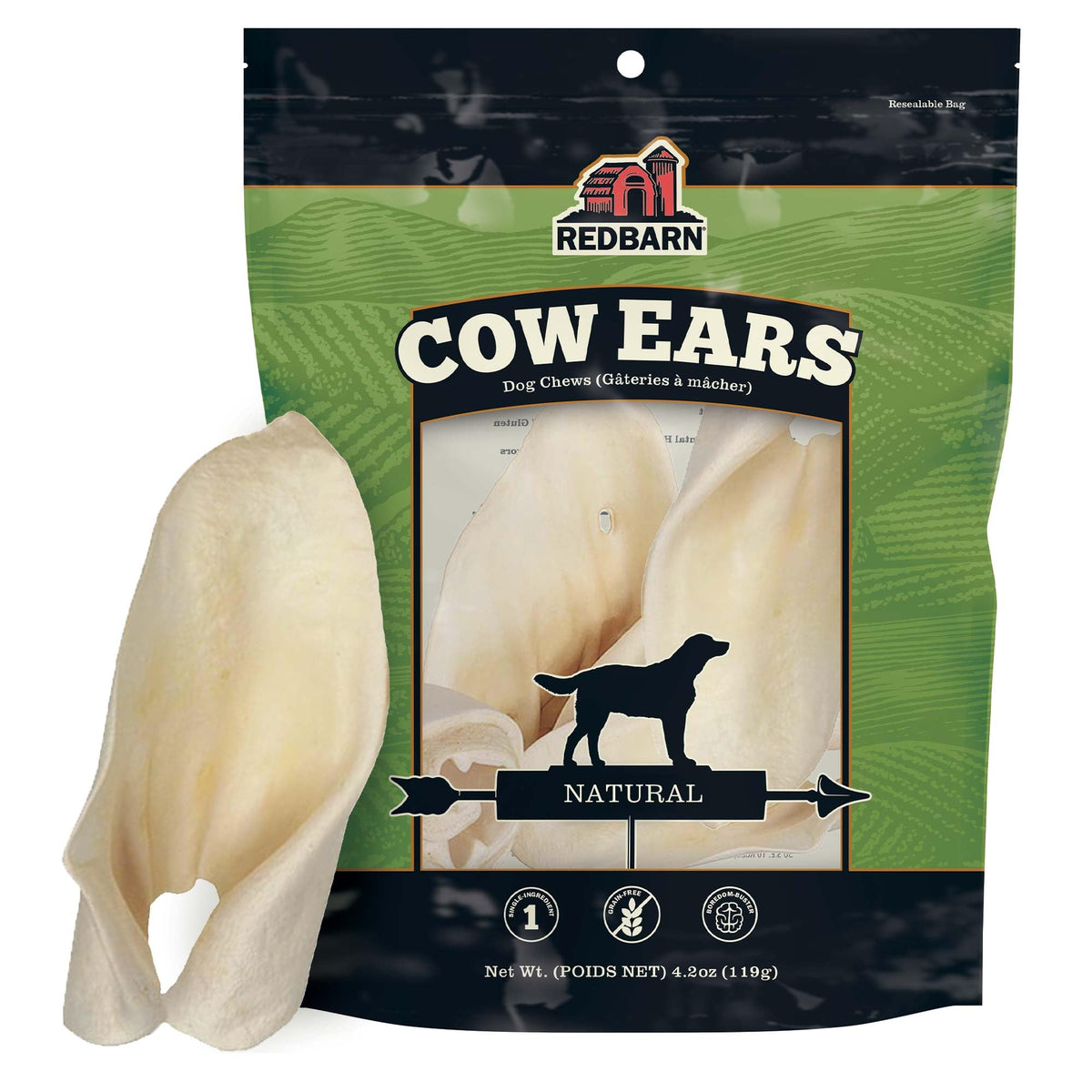 Redbarn orejas de vaca premium 9 cuenta, snack natural para perros y masticación diaria.