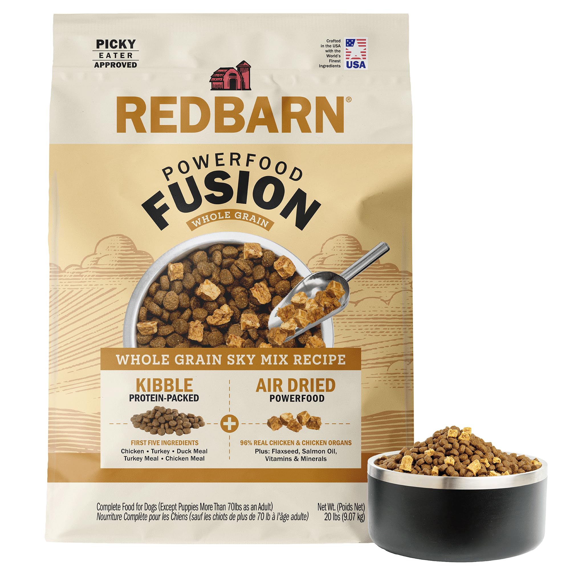 Redbarn Powerfood Fusion: bolsa de 20 lb visible, apoyo a la energía diaria para perros.