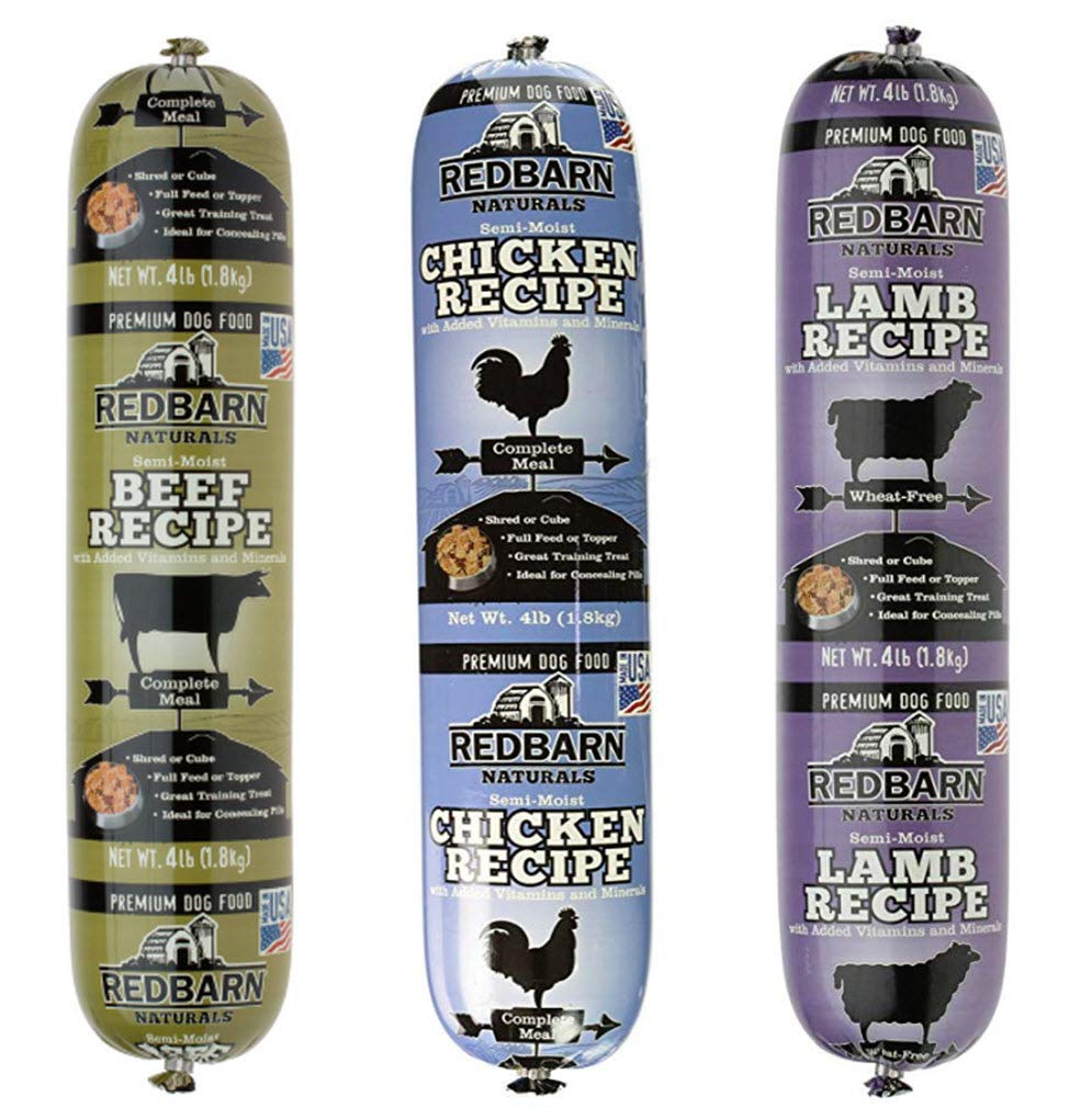 Rollos Redbarn para perros, variedad cordero-res-pollo, ideal como comida completa y fácil de almacenar.