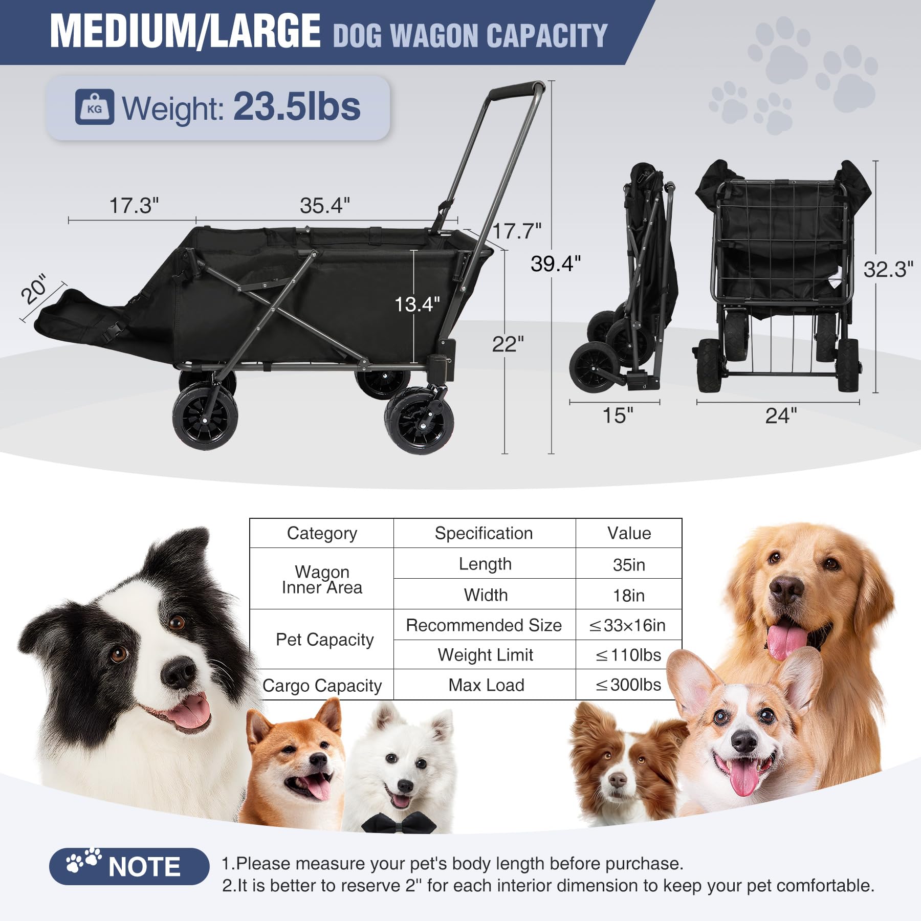 REDCAMP carrito para perros - frenos en ruedas delanteras para estacionamiento seguro.