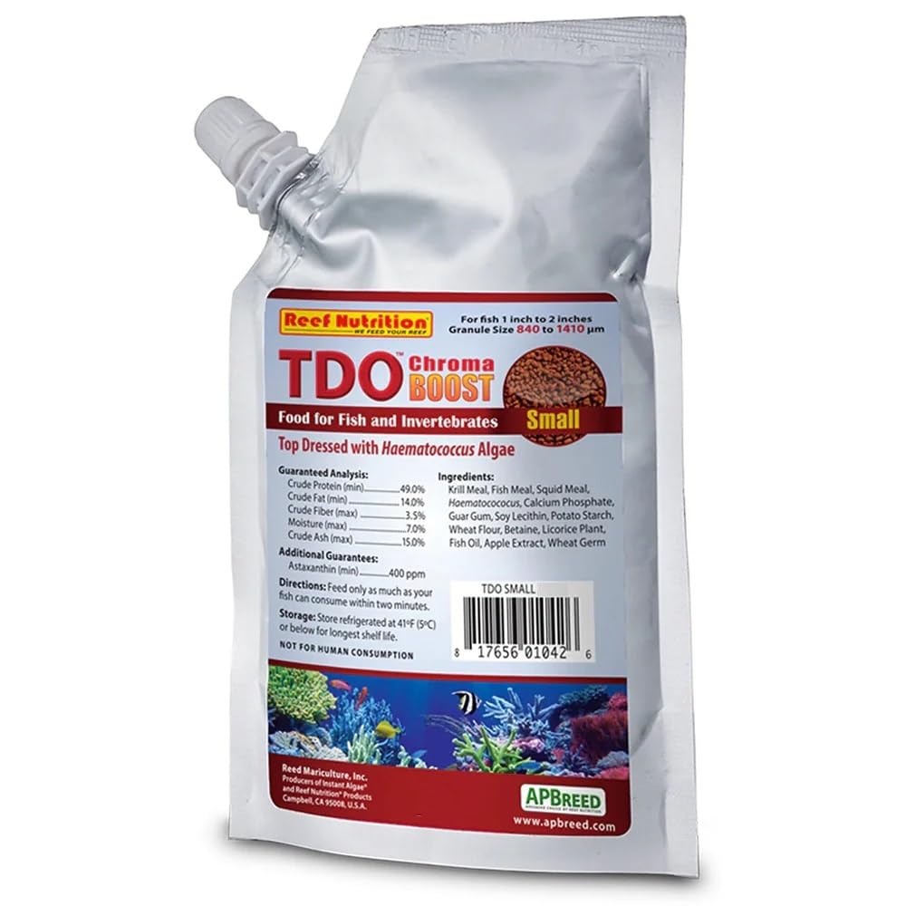 Reed Mariculture TDO Chroma Boost: pellets pequeños para realzar color y nutrición de peces.