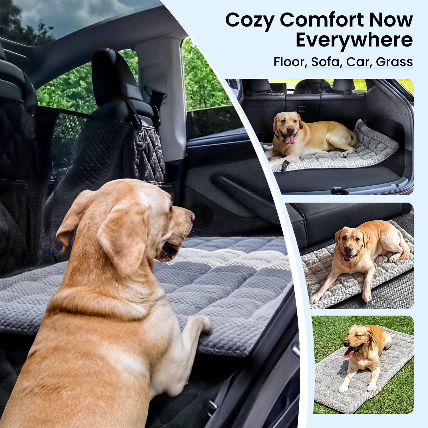 Uso en coche, camping o casa con la cama REEVAA para perros.