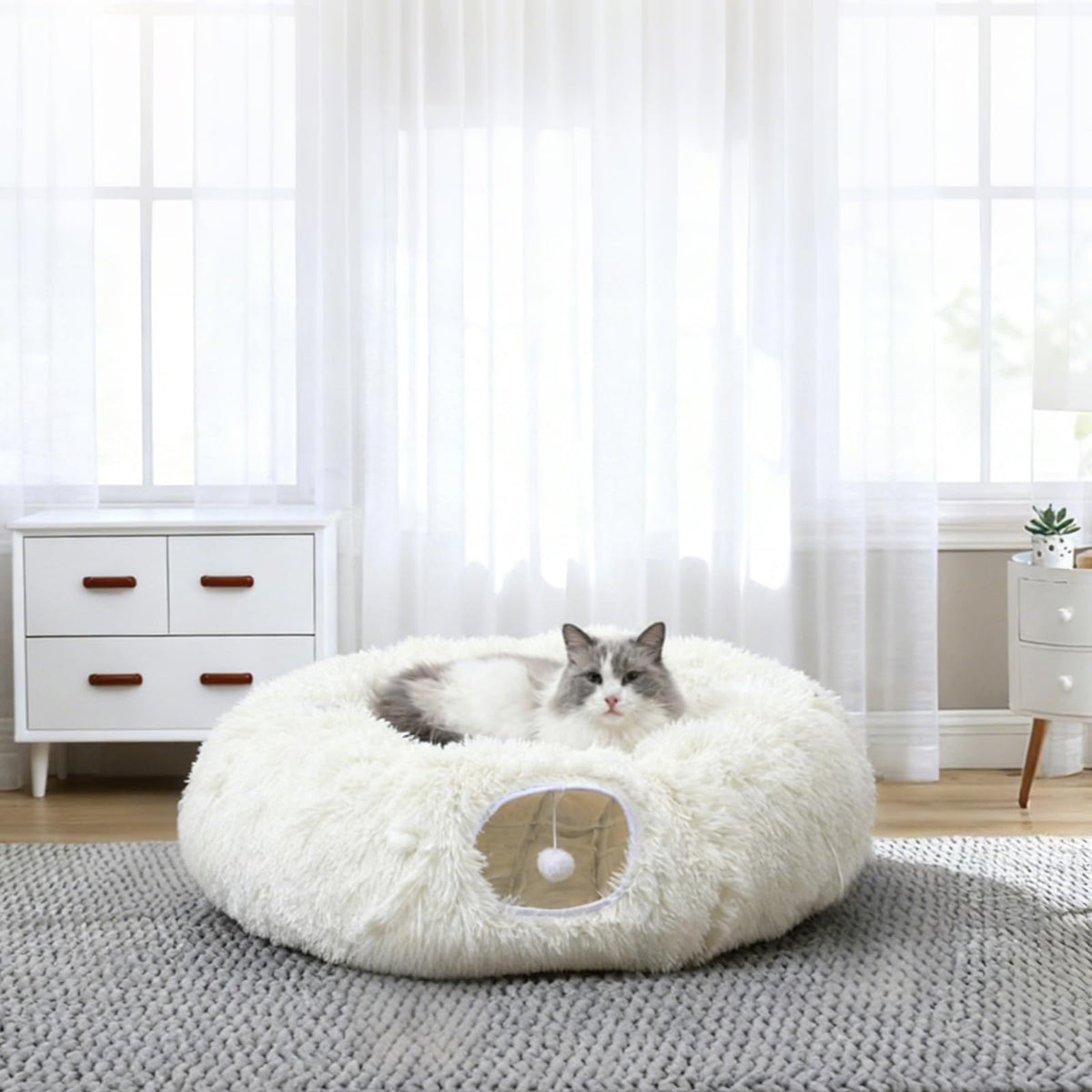 RELAXLATE gran túnel para gatos blanco, vista frontal, ideal para juego y descanso.
