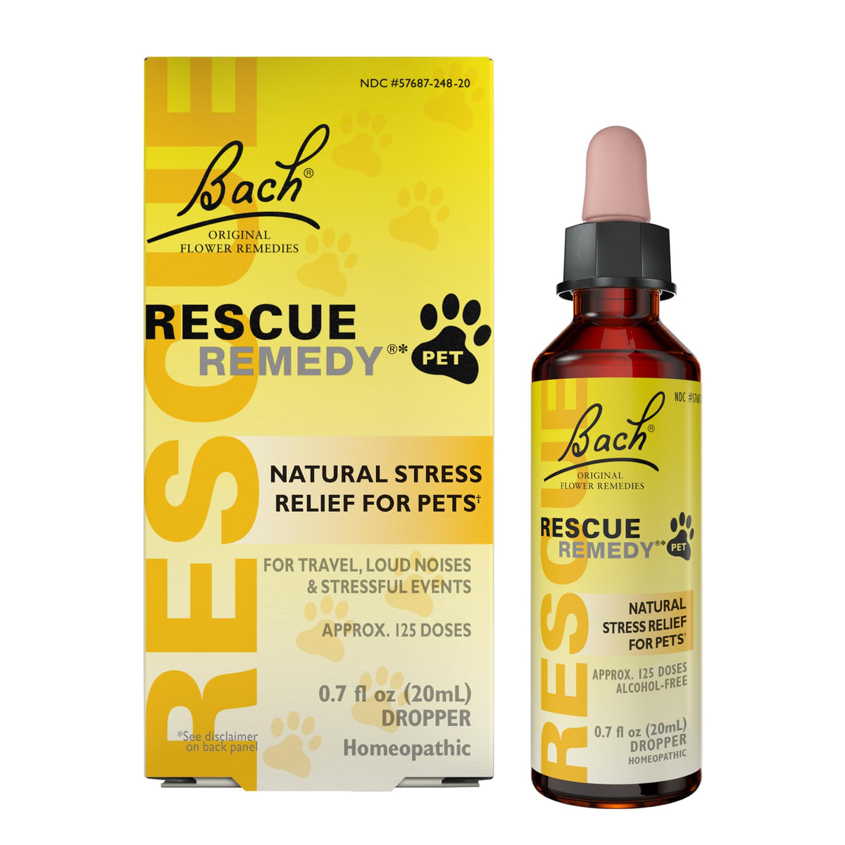 Remedio RESCUE para mascotas, gotero para dosis suave y tranquilizadora.