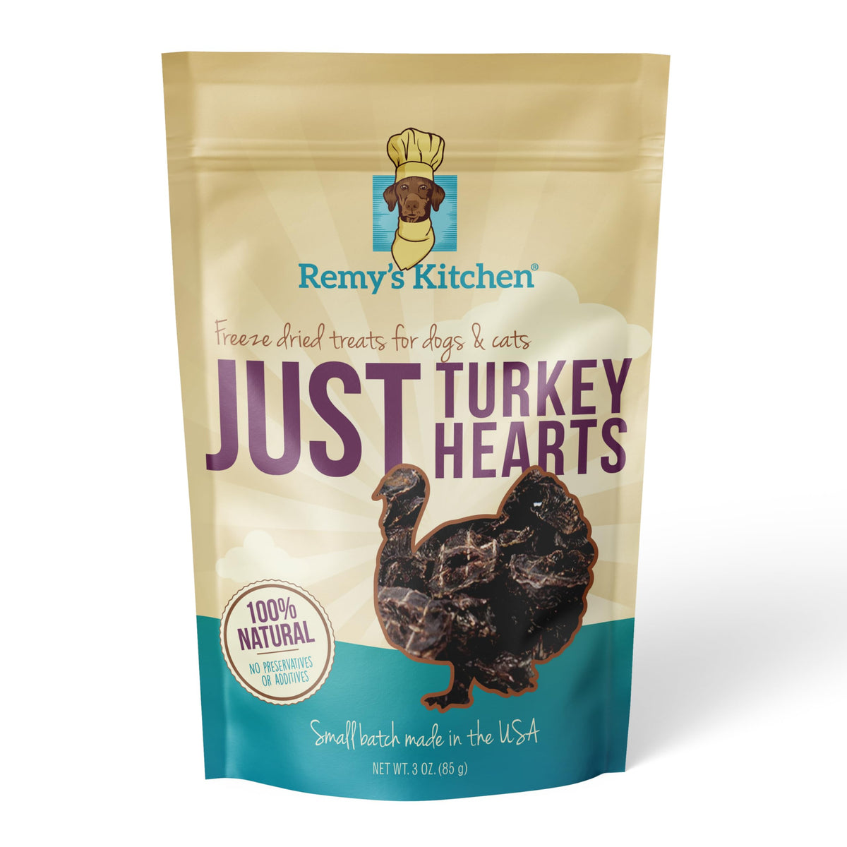 Remy’s Kitchen corazones de pavo deshidratados para perros, sabor intenso y proteína.
