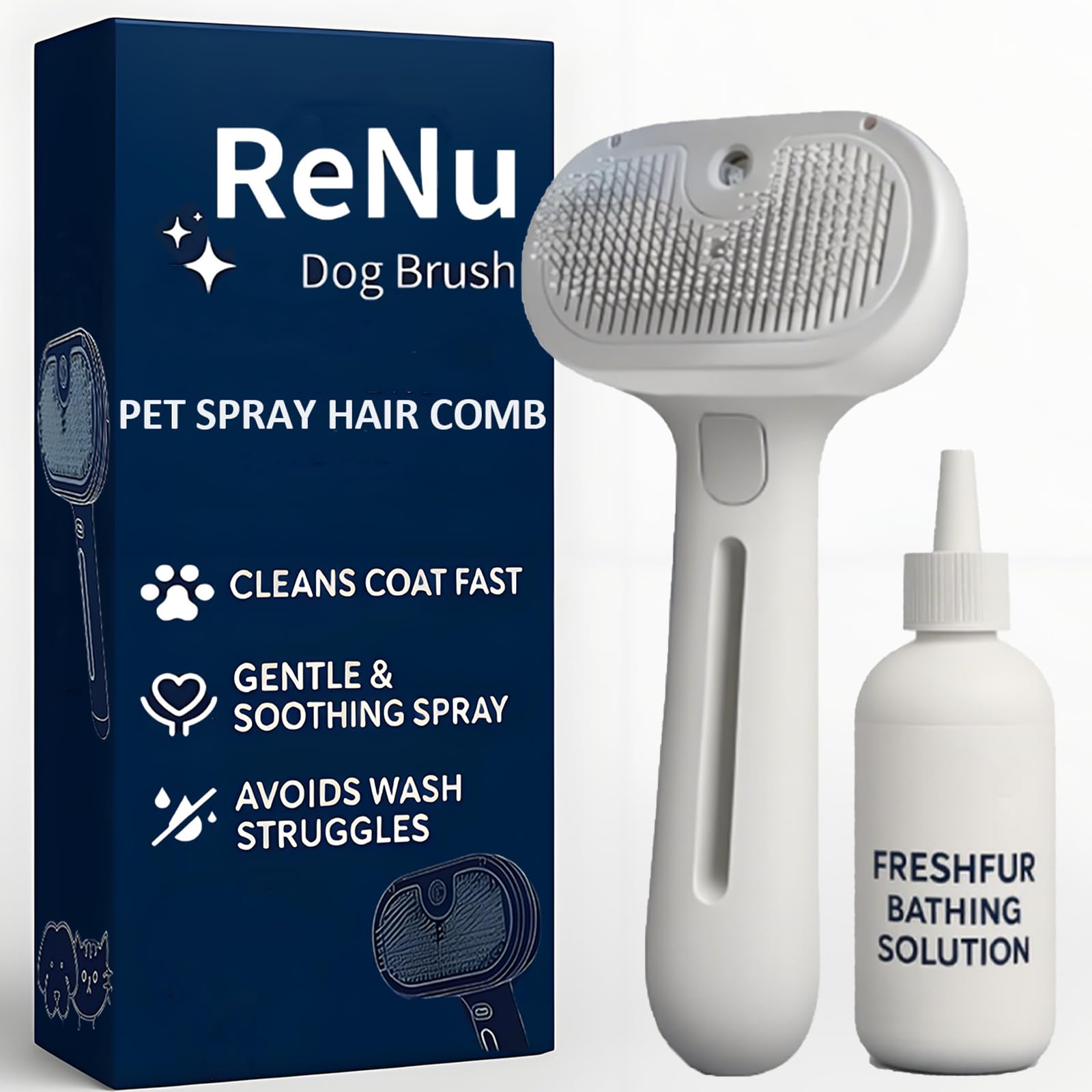 ReNu Dog Brush en el baño con espuma suave para quitar pelo suelto.
