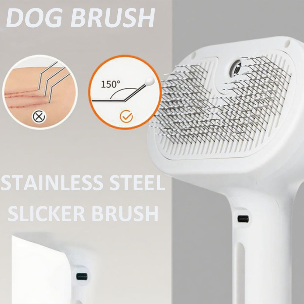 ReNu Dog Brush mostrando limpieza automática para pelo atrapado sin esfuerzo.