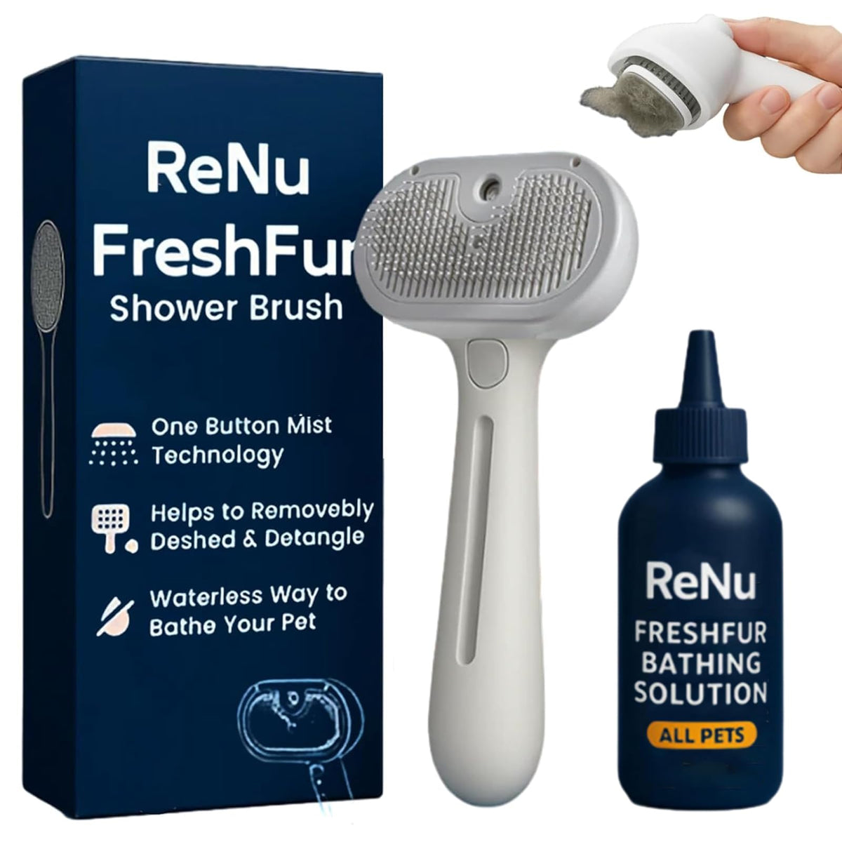 Renu FreshFur Cepillo 3 en 1 para perros, facilita el cepillado suave.