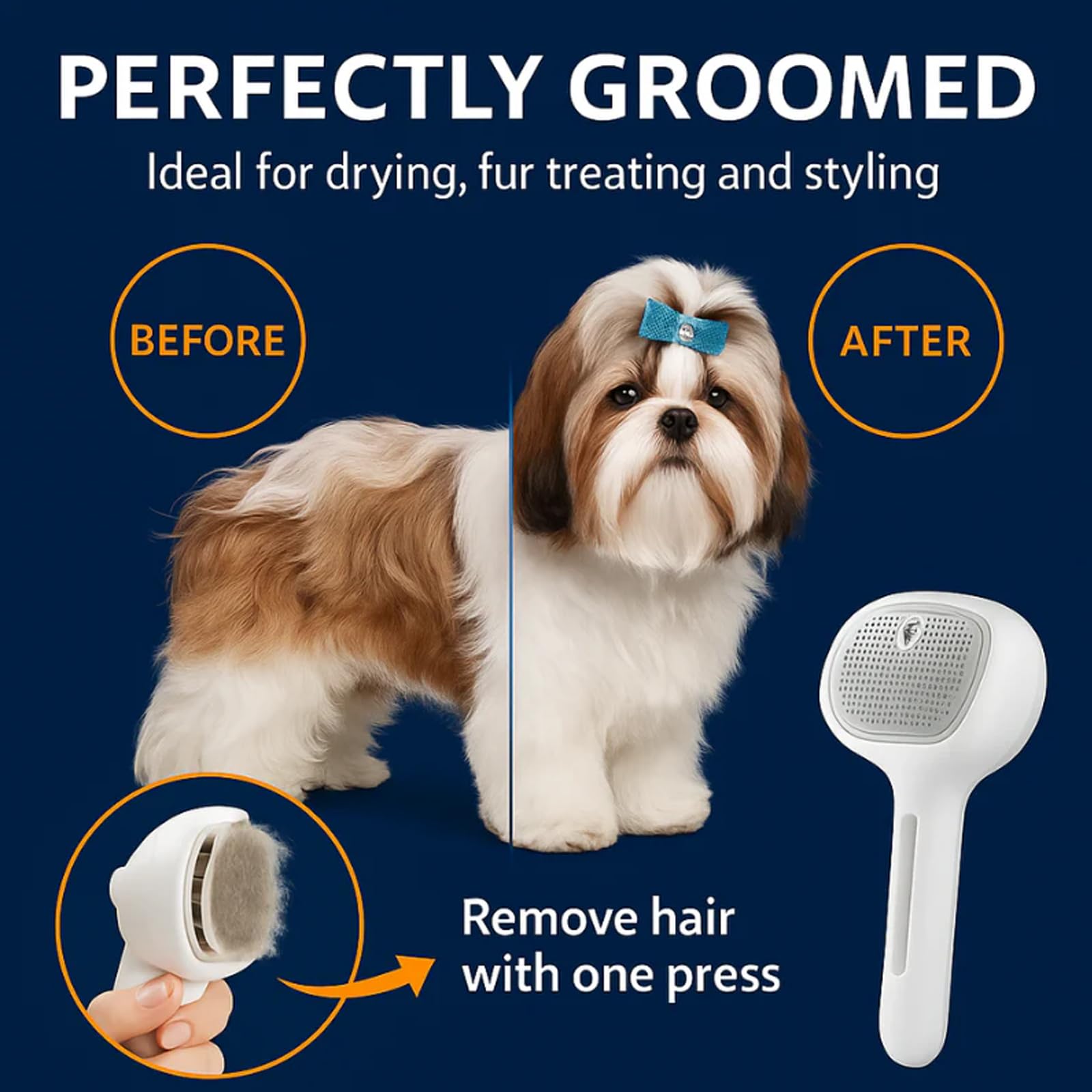 Renu FreshFur Cepillo autolimpiante para perros, elimina pelos sueltos con facilidad.