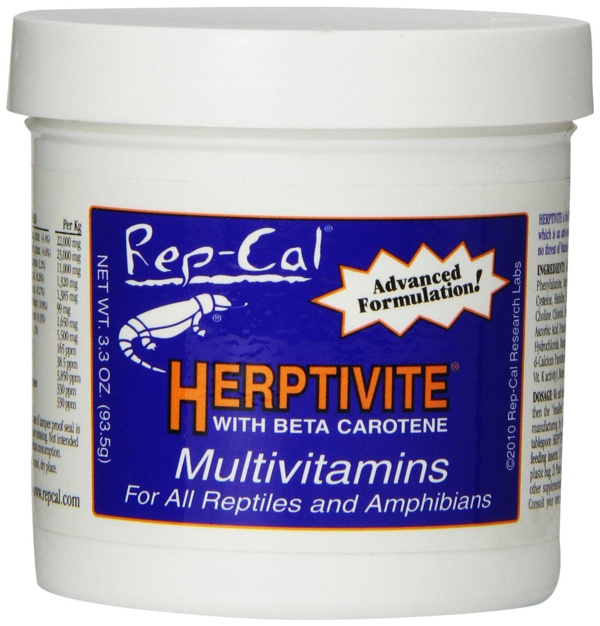 Rep-Cal Herptivite, botella azul, suplemento para reptiles que apoya crecimiento y mantenimiento.