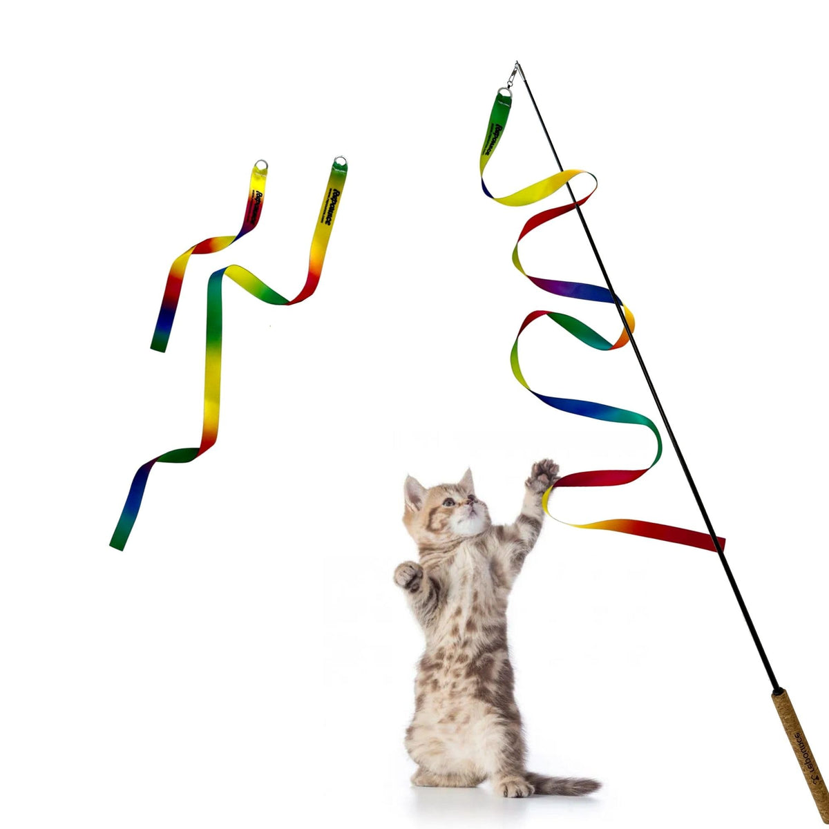 Repounce varita para gatos con lazos arcoíris, ideal para juego activo.