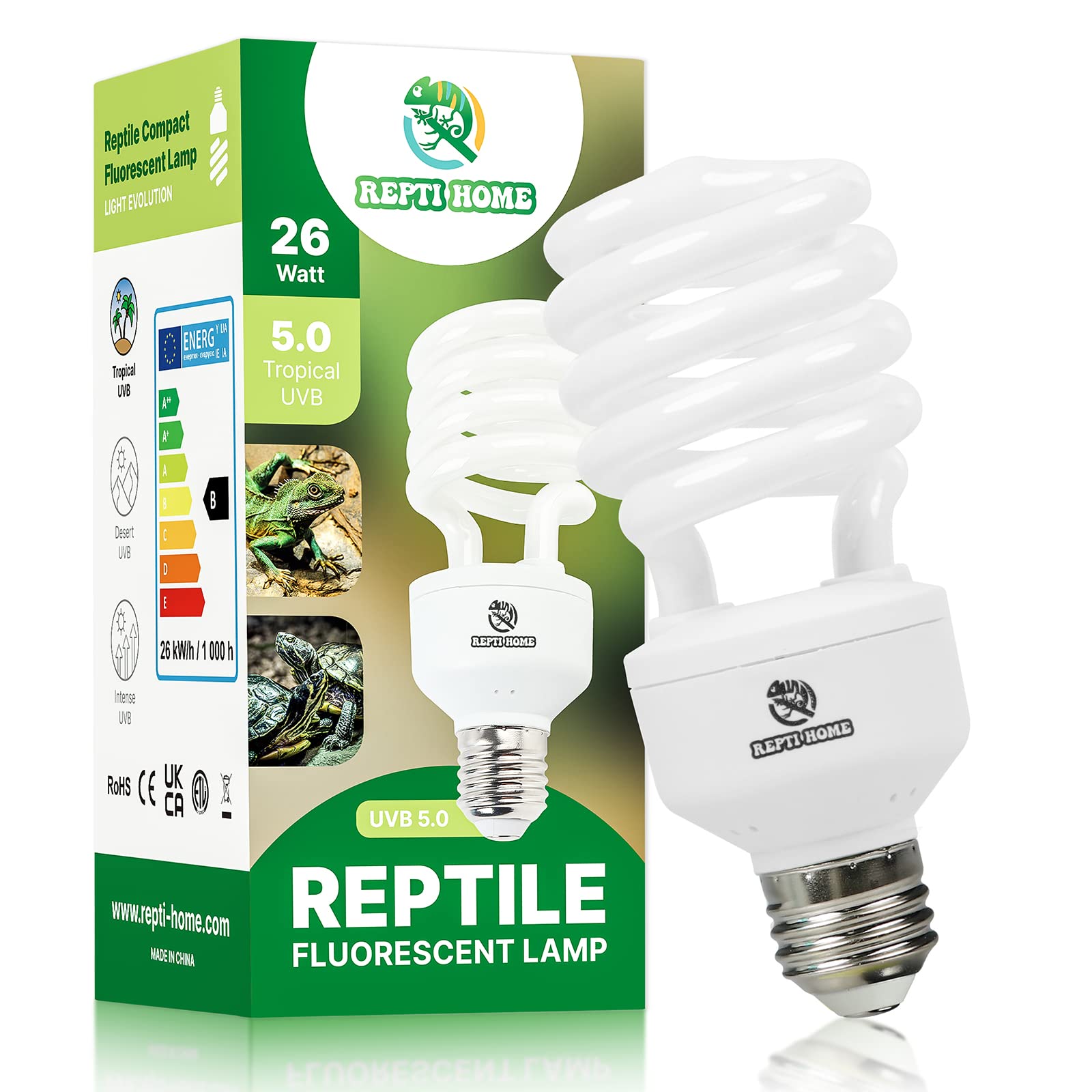 REPTI HOME Lámpara UVB 5.0 26W para reptiles tropicales mejora calcio.