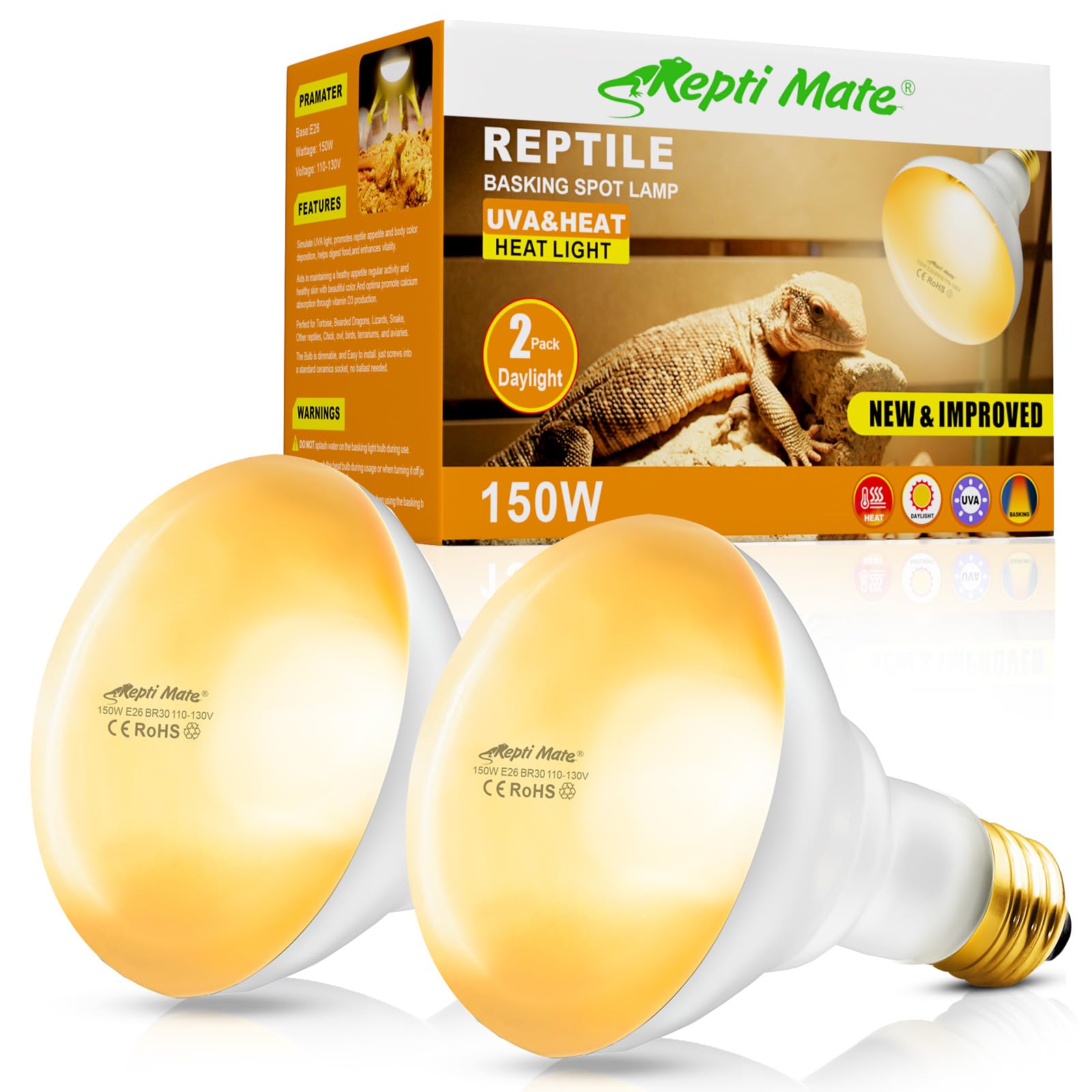 Bombillas REPTI MATE 150W para terrarios, calor estable y confiable.
