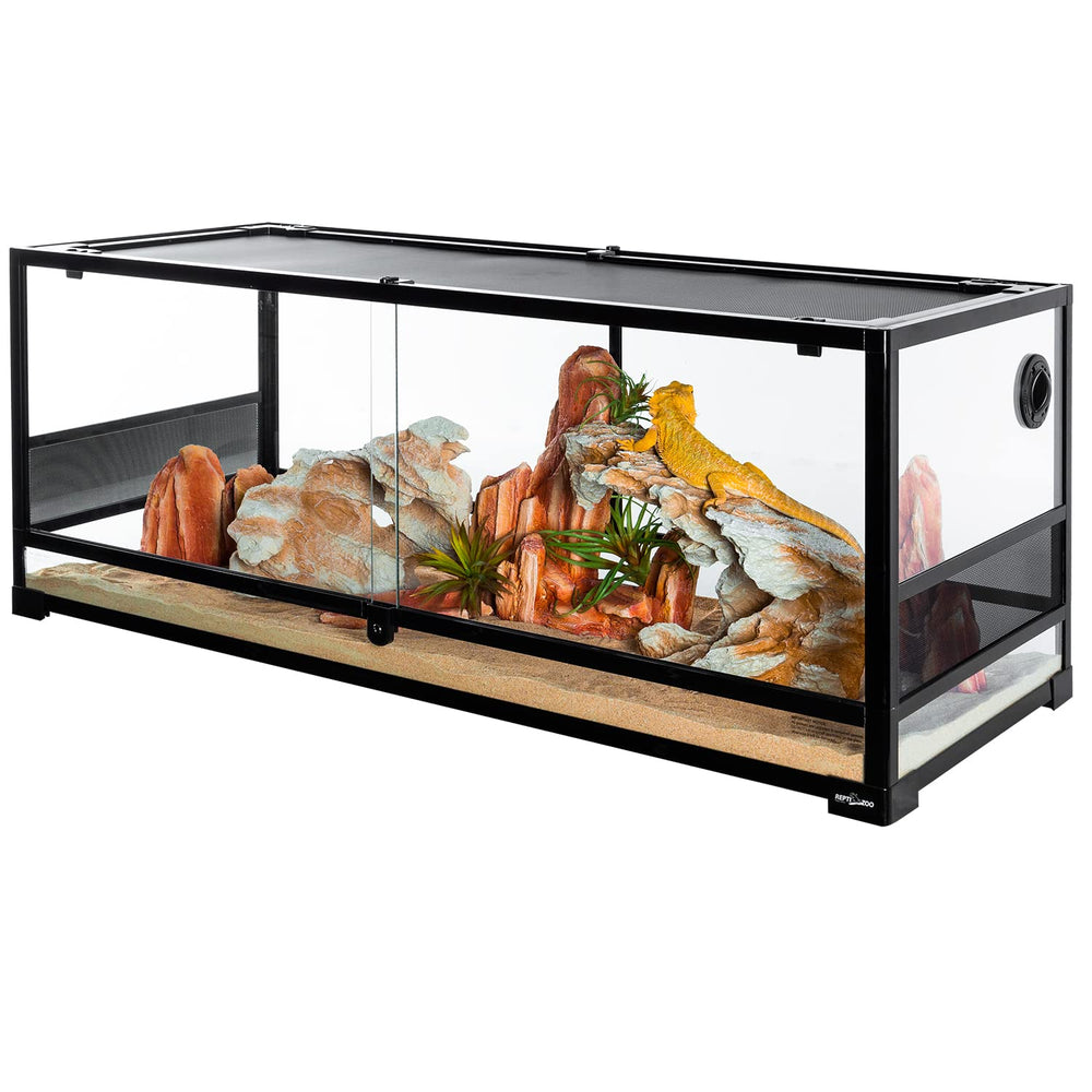 Terrario REPTI ZOO con puerta frontal deslizante para alimentación y limpieza fáciles.
