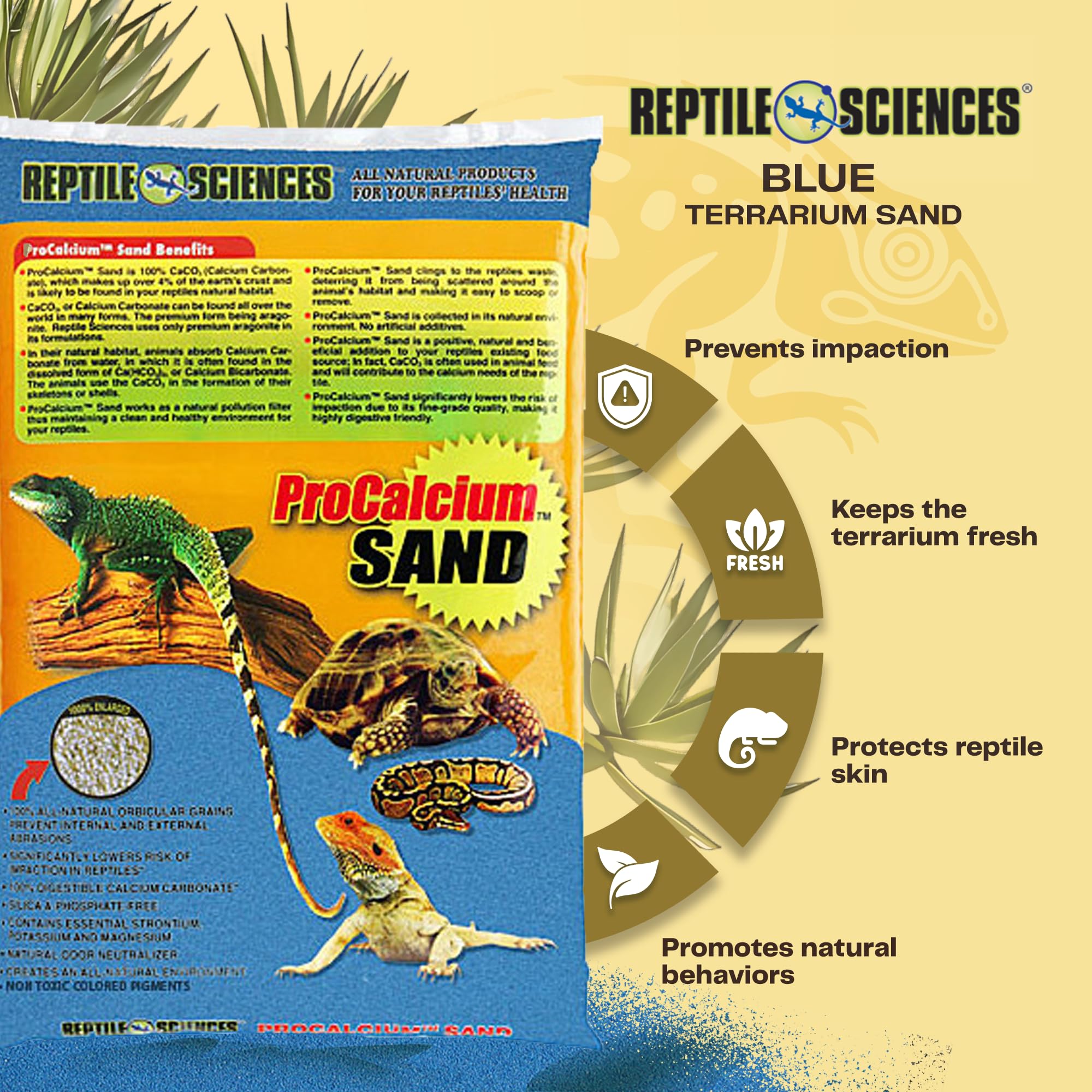 Reptile Sciences Blue Pro-Calcium, diseño de terrario en tono azul para ambientes naturales.