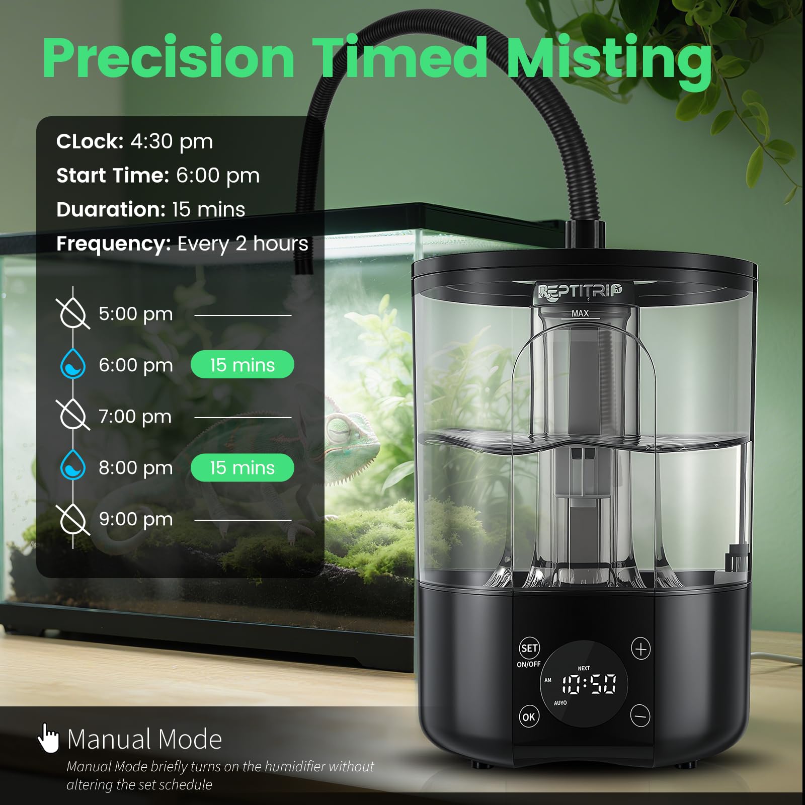 REPTITRIP humidificador con temporizador digital permite programar intervalos precisos