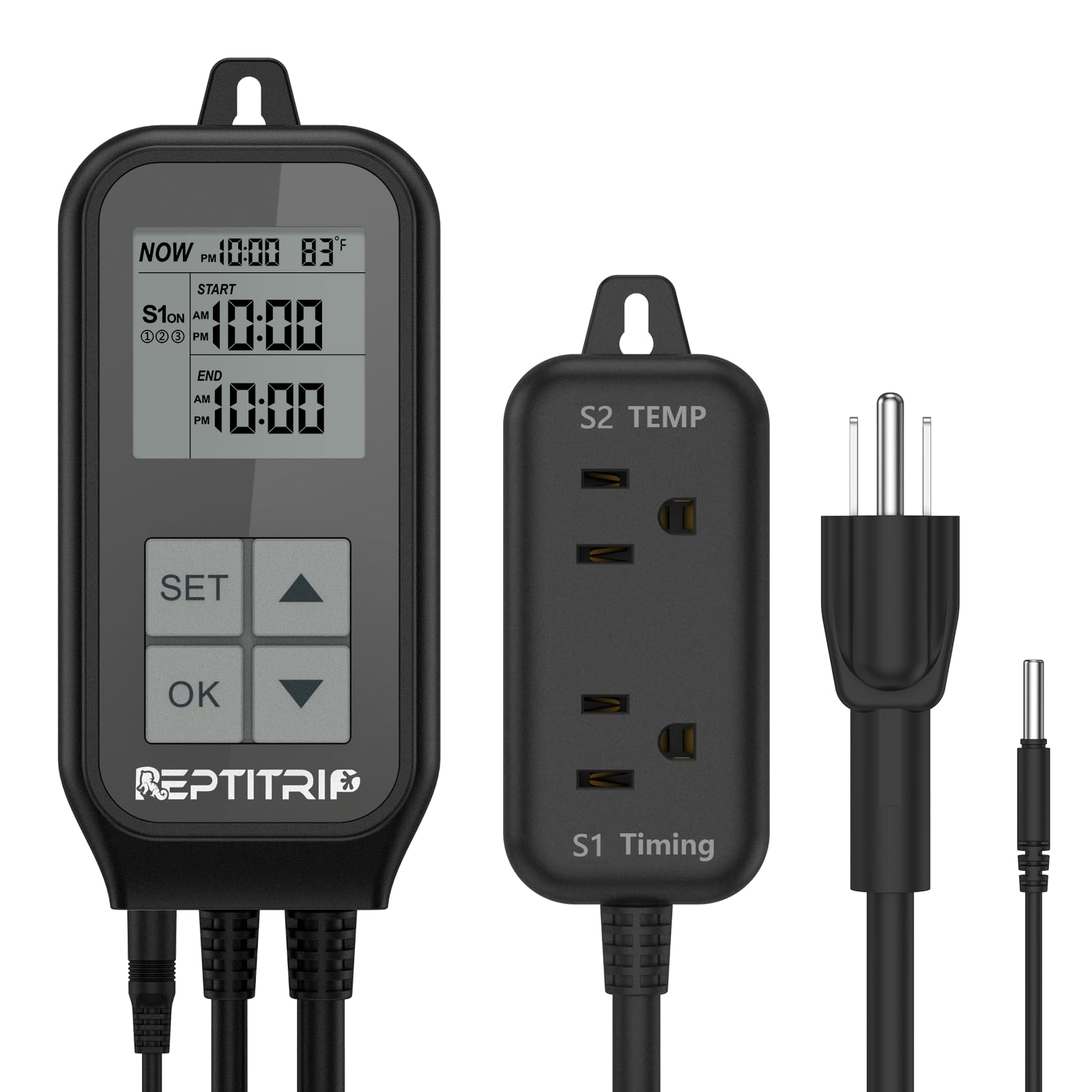 REPTITRIP ter­mostato doble enchufe frente: control independiente de luz y temperatura.