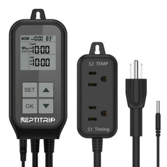REPTITRIP ter­mostato doble enchufe frente: control independiente de luz y temperatura.