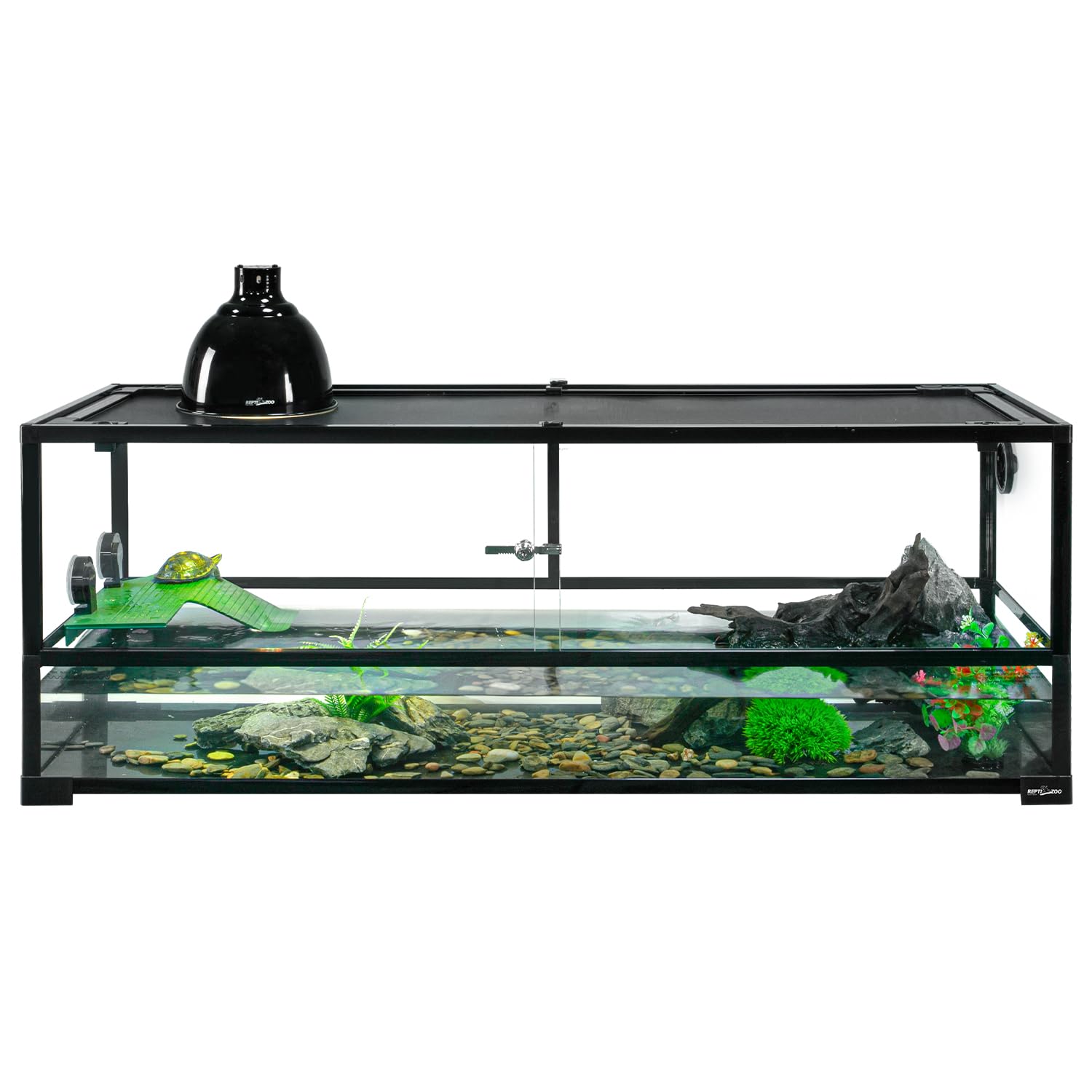 REPTIZOO tanque tortugas 67gal, escena interior segura para convivencia terrestre y acuática.