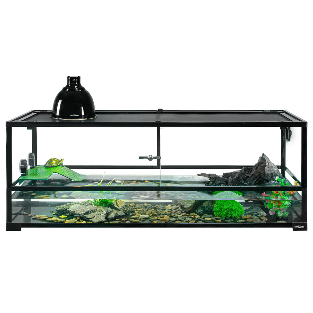REPTIZOO tanque tortugas 67gal, escena interior segura para convivencia terrestre y acuática.