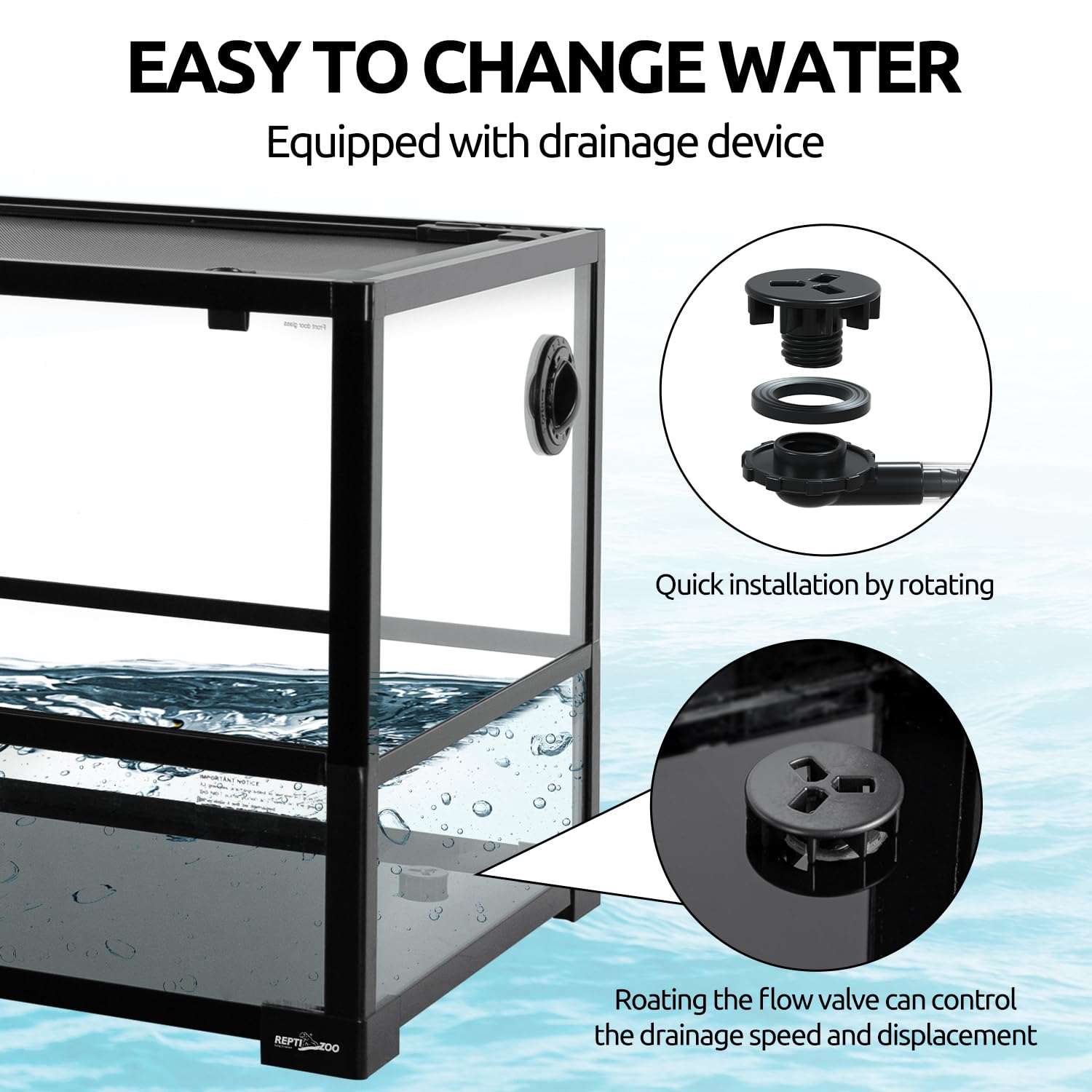 REPTIZOO tanque tortugas 67gal, fondo con drenaje para cambios de agua fáciles.