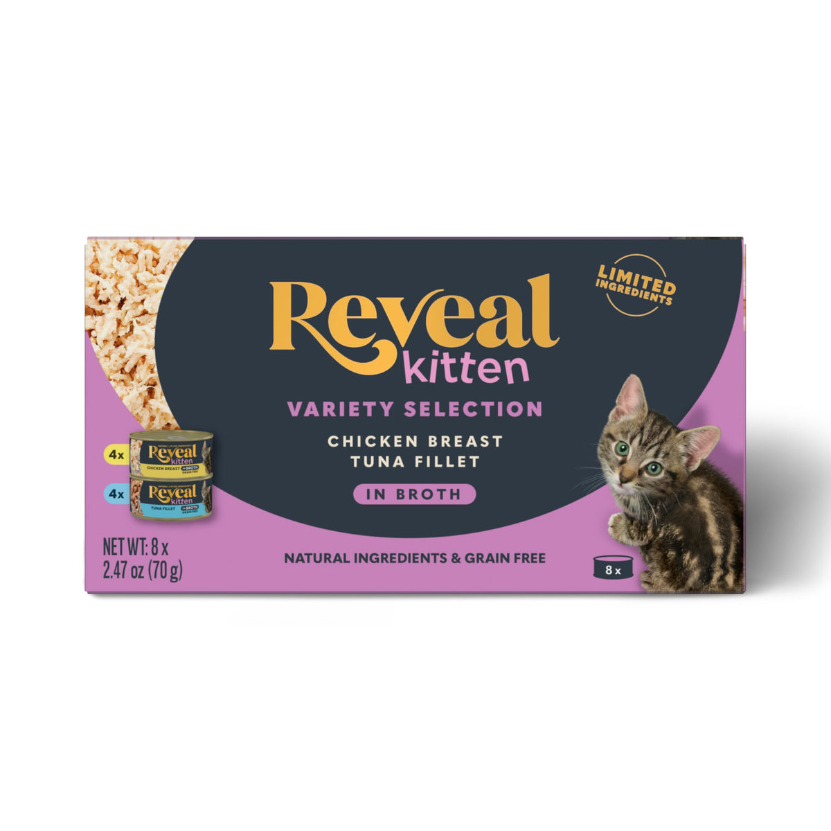 Reveal lata gatitos pollo y atún en caldo; proteína de calidad.