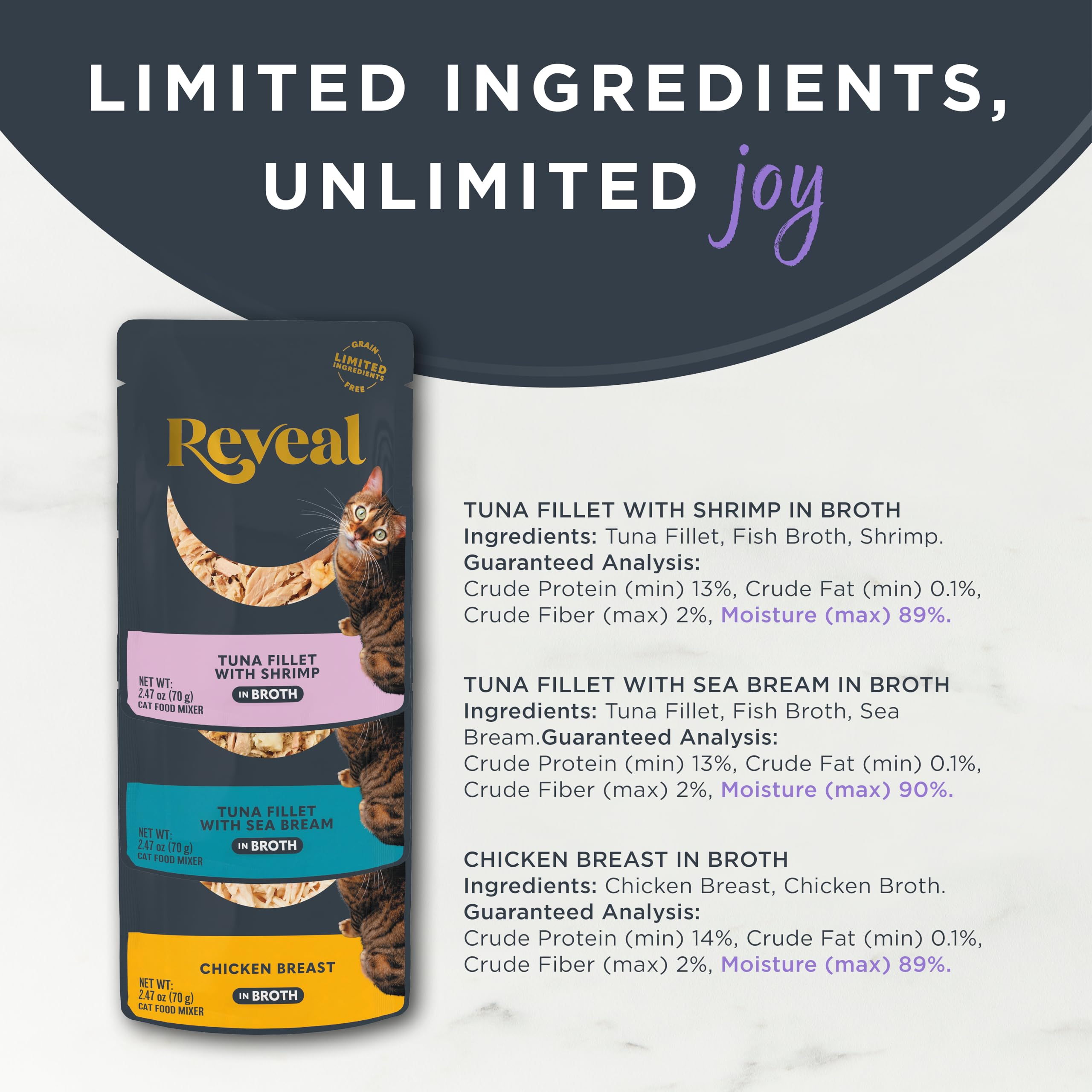 Reveal variedad de sabores y texturas en caldo natural para gatos curiosos.
