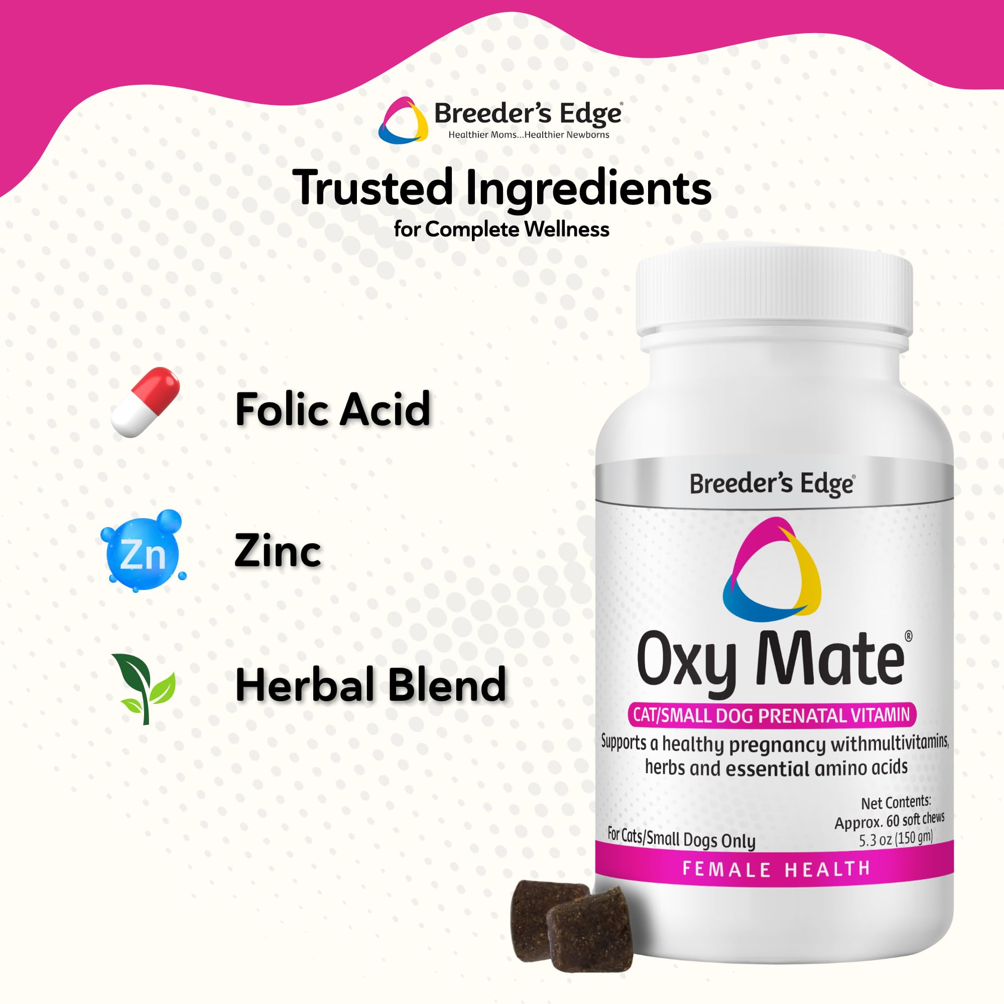 Breeder's Edge Oxy Mate: etiqueta de nutrientes con hierro, ácido fólico y zinc