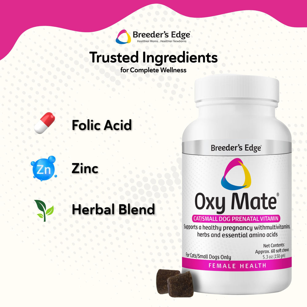 Breeder's Edge Oxy Mate: etiqueta de nutrientes con hierro, ácido fólico y zinc