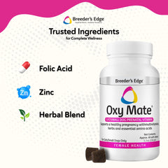 Breeder's Edge Oxy Mate: etiqueta de nutrientes con hierro, ácido fólico y zinc