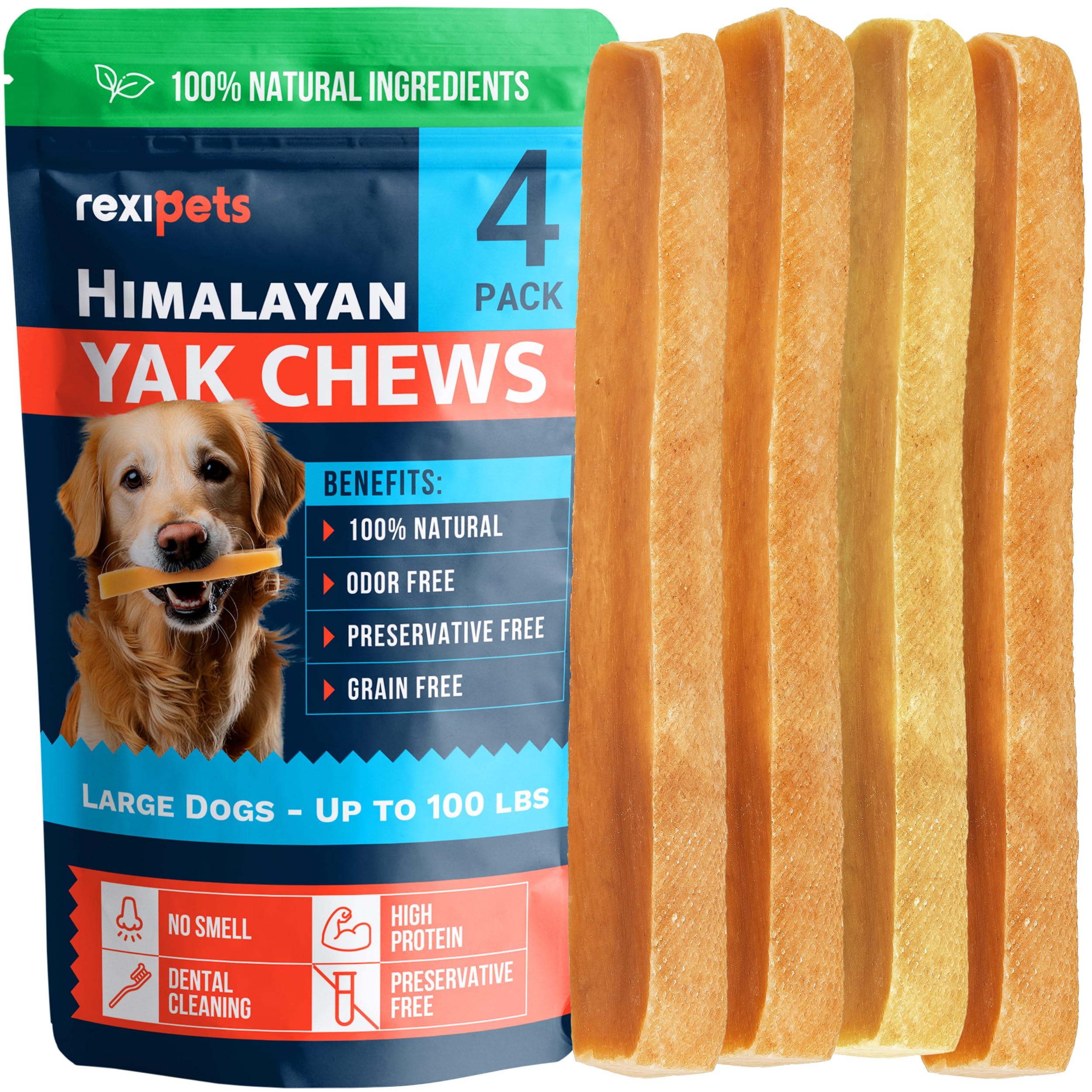 REXIPETS Yak Chews grande: textura dura para masticadores grandes y entretenimiento duradero.