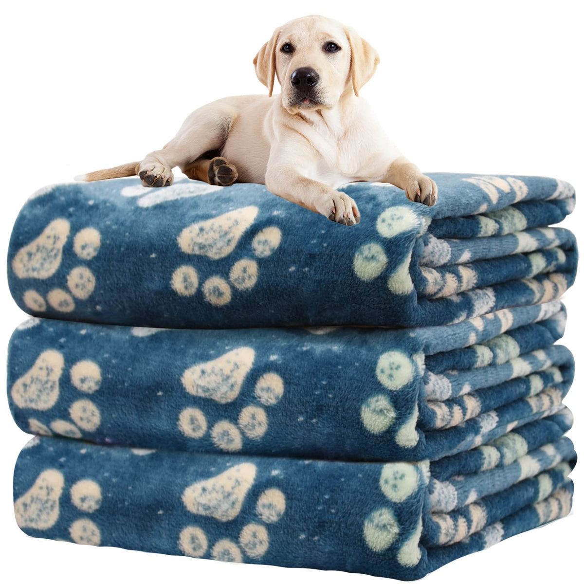 Rezutan manta para perros patitas azul marino, textura suave para dormir.