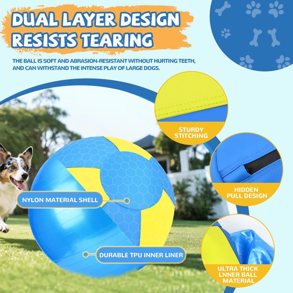 Bola de color azul y amarillo para perros, alta visibilidad durante el entrenamiento.