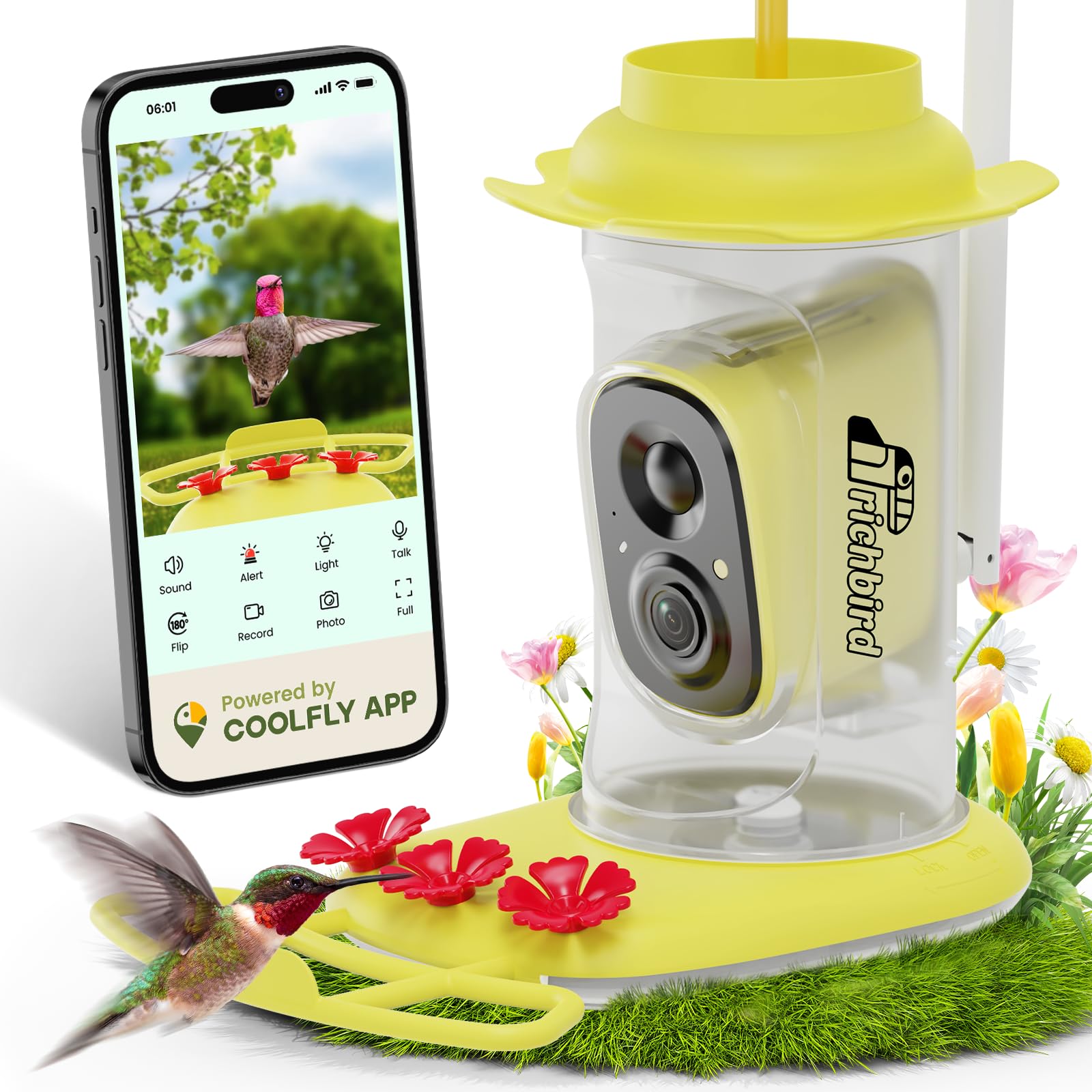 RichBird alimentador de colibríes con cámara de alta definición para observación detallada.